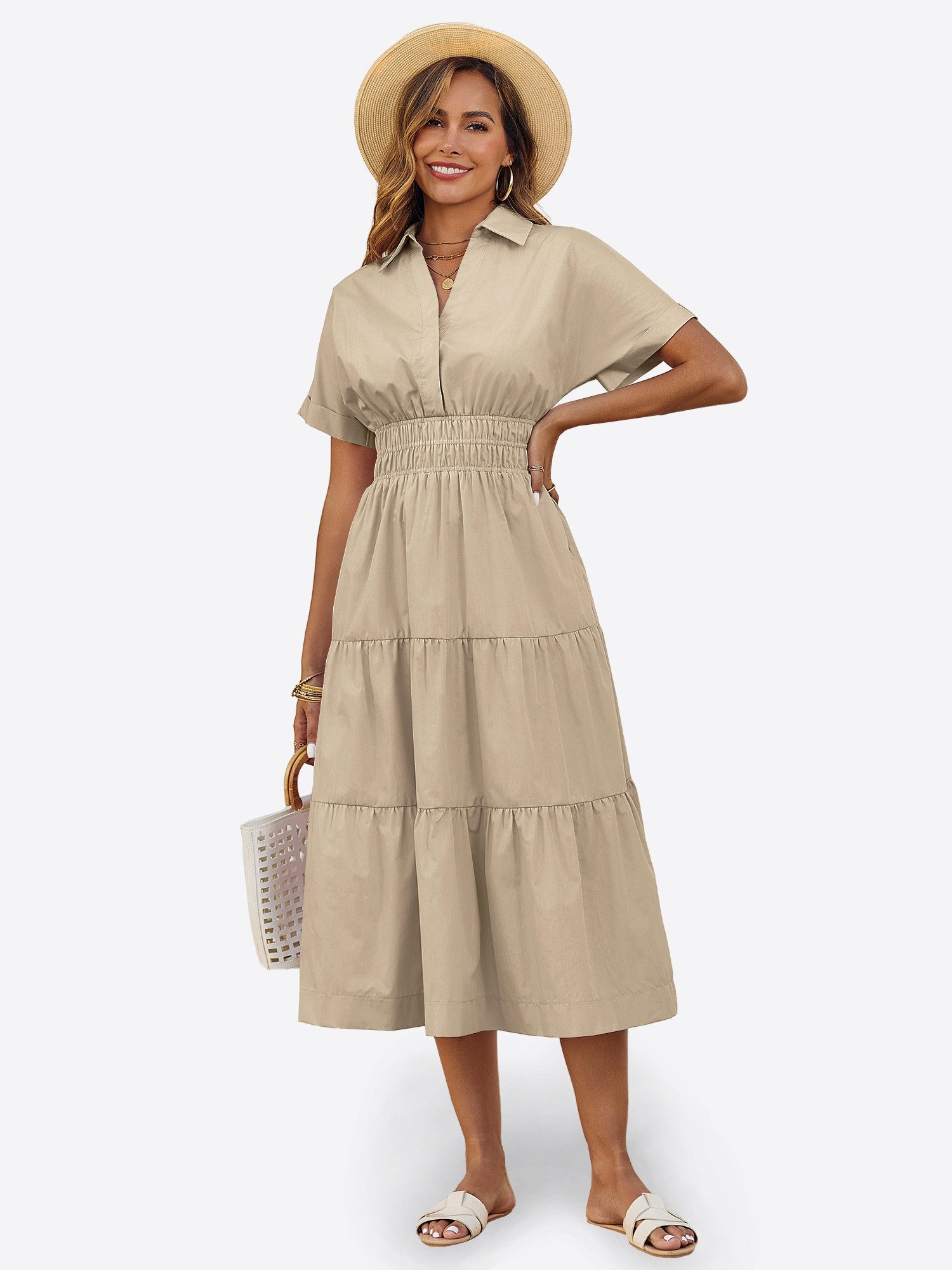 Imily Bela Maxikleid Damen Gerüschtes Fließendes Hemdkleid (Packung, 1-tlg., 1per-Pack) mit Taschen – Bild 5 von 5