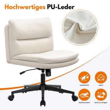 SeedWave Drehstuhl PU-Leder Bürostuhl ohne Armlehne, Polster-Kreuzstuhl mit Rollen, weiß, höhenverstellbar Schreibtischstuhl mit Wippfunktion, bis 150kg