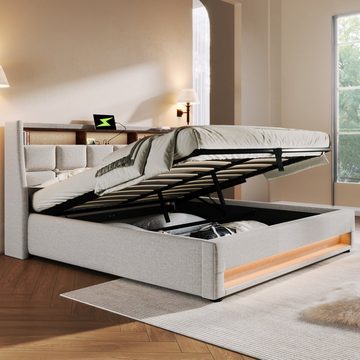 OKWISH Polsterbett Bett (LED Doppelbett Jugendbett mit Lattenrost und usb), 140x200cm,Ohne Matratze
