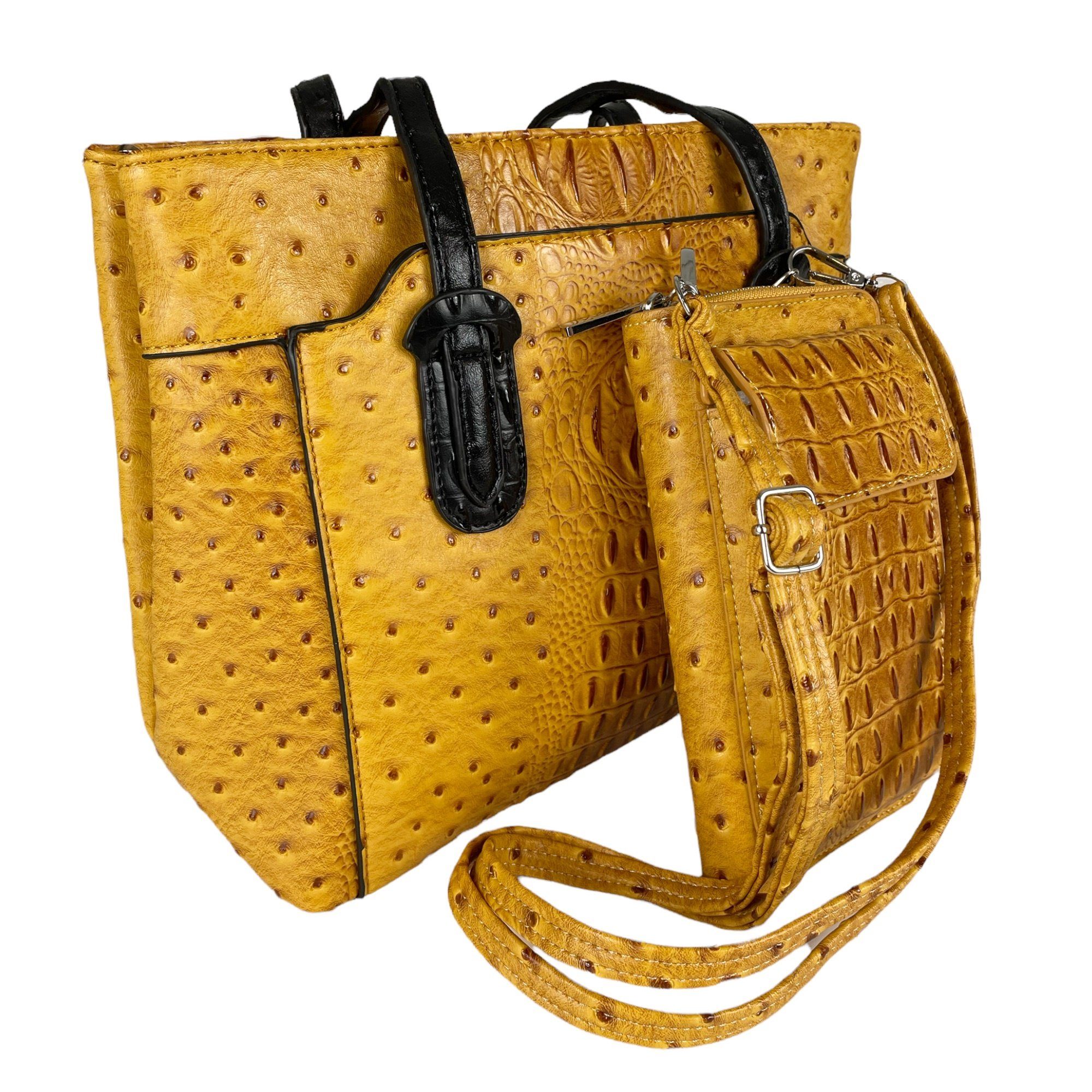 Taschen4life Handtasche elegante Handtasche & Handy Umhängetasche B8621  (Set, 2 teilig), Straußenleder-Optik lange Tragegriffe Schultertasche Tasche