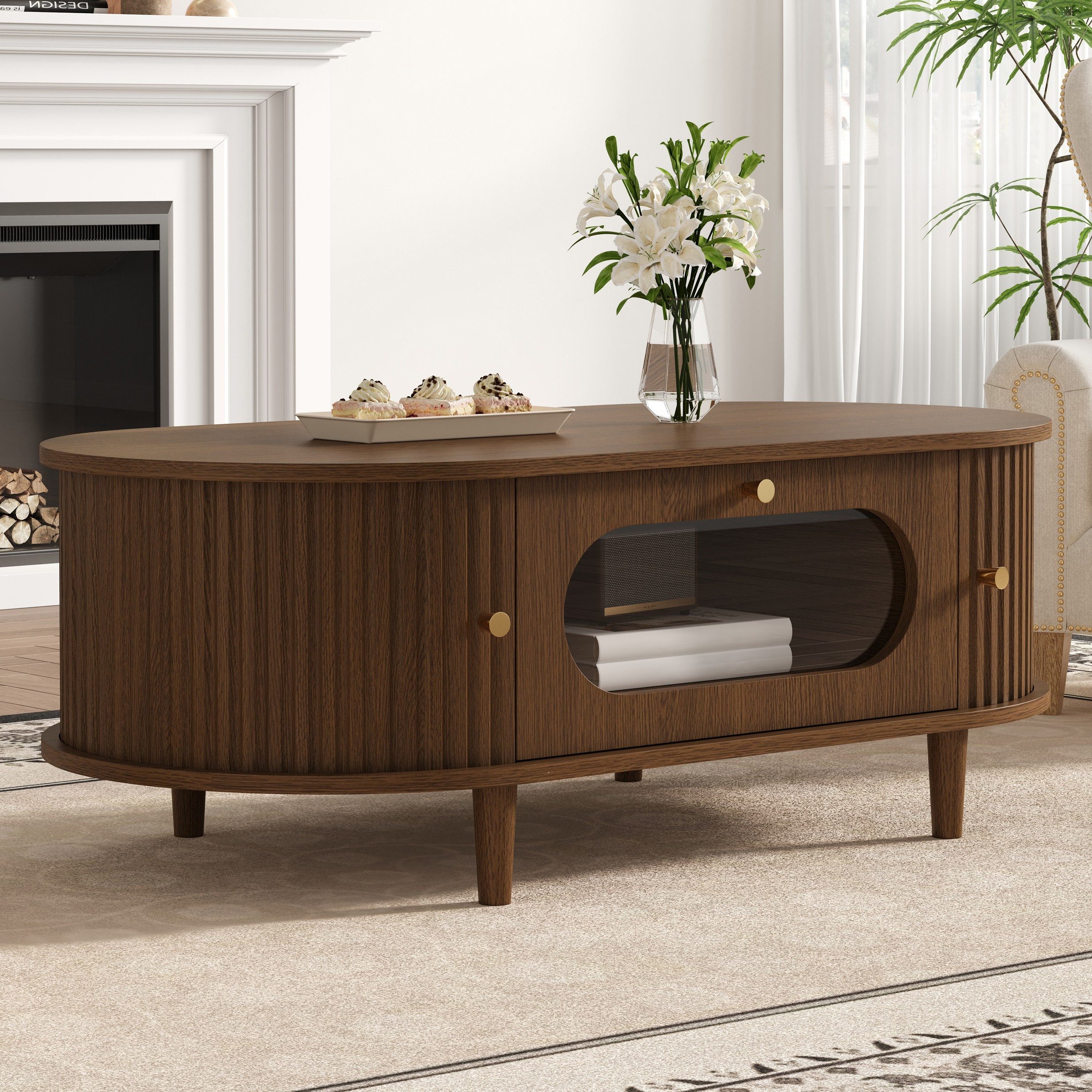 Merax Couchtisch in Holzoptik, Sofatisch Beistelltisch Kaffeetisch (1-St), Wohnzimmertisch mit Schublade, 2 Rolltüren & Stauraum, …