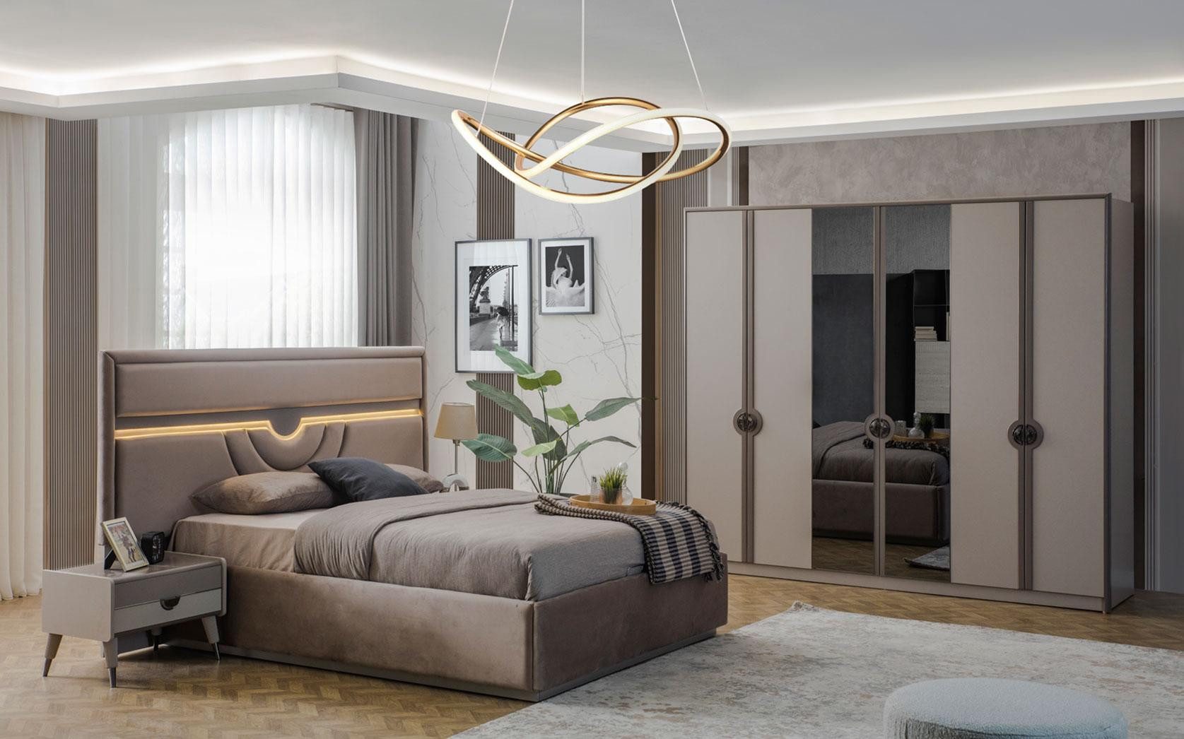 Schlafzimmer-Set Doppelbett Komplette Schlafzimmermöbel Bett Nachttische Beige 4tlg