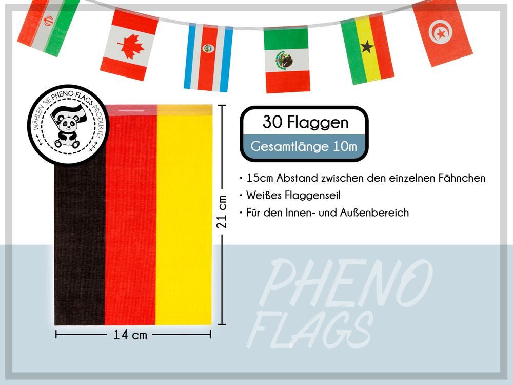 PHENO FLAGS Flagge Flaggenkette 10 Meter Girlande Fahnenkette Wimpelkette Deko, stabile Schnur