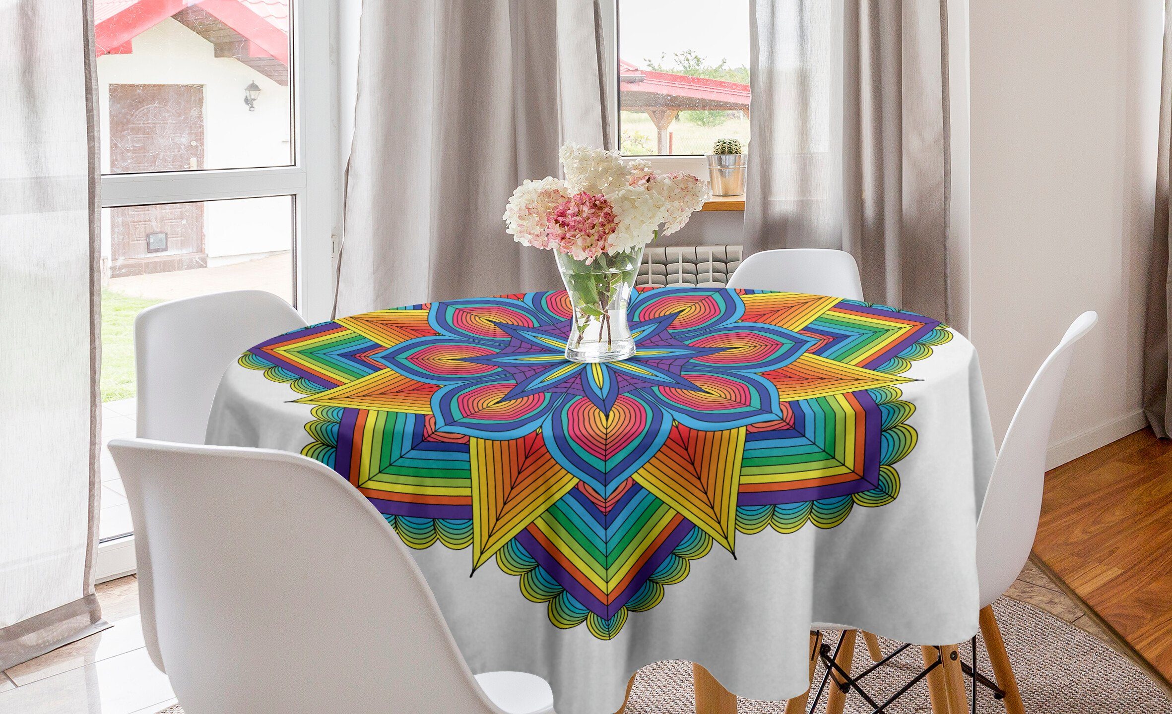 Abakuhaus Tischdecke Kreis Tischdecke Abdeckung für Esszimmer Küche Dekoration, Regenbogen-Mandala Blütenblatt