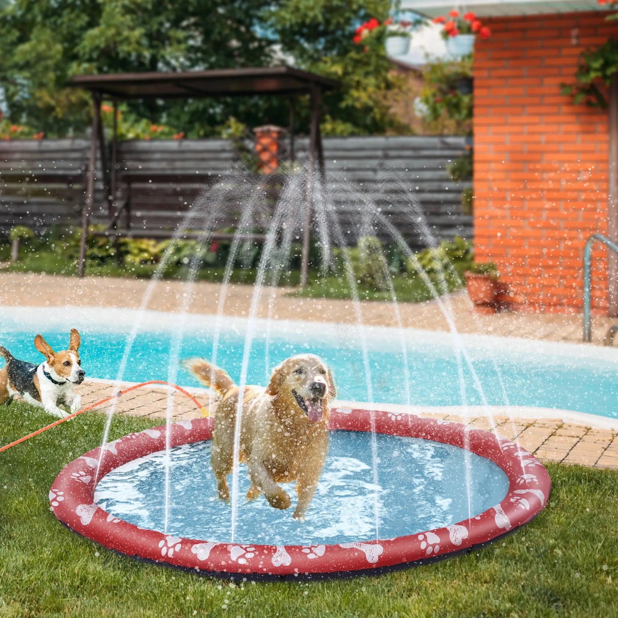 BlingBin Hundepool D170 cm/67 in Planschbecken für Große & Kleine Hunde mit Wasserdüse, (1er Set, 1-tlg., Ø170 cm), 0.55mm Verdickt Anti-Rutsch Sprinkler Matte Splash Pad für Sommer