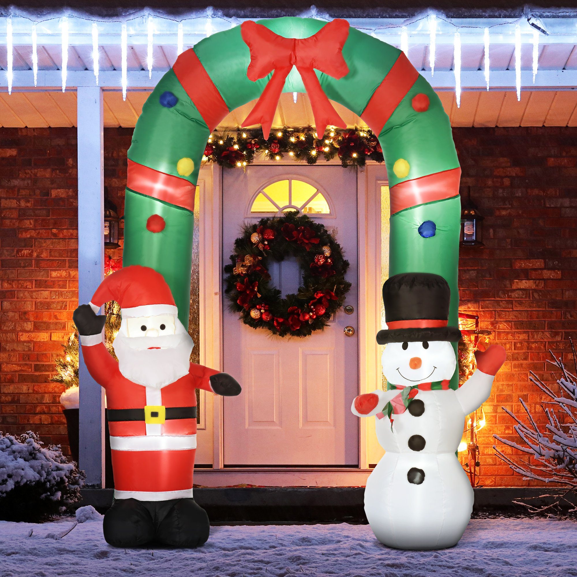 HOMCOM Weihnachtsfigur 2,45 m Torbogen mit Weihnachtsmann und Schneemann mit LED (Gartendeko, 1 St., Aufblasbarer Weihnachtsdeko), Mehrfarbig 198 x 80 x 245 cm