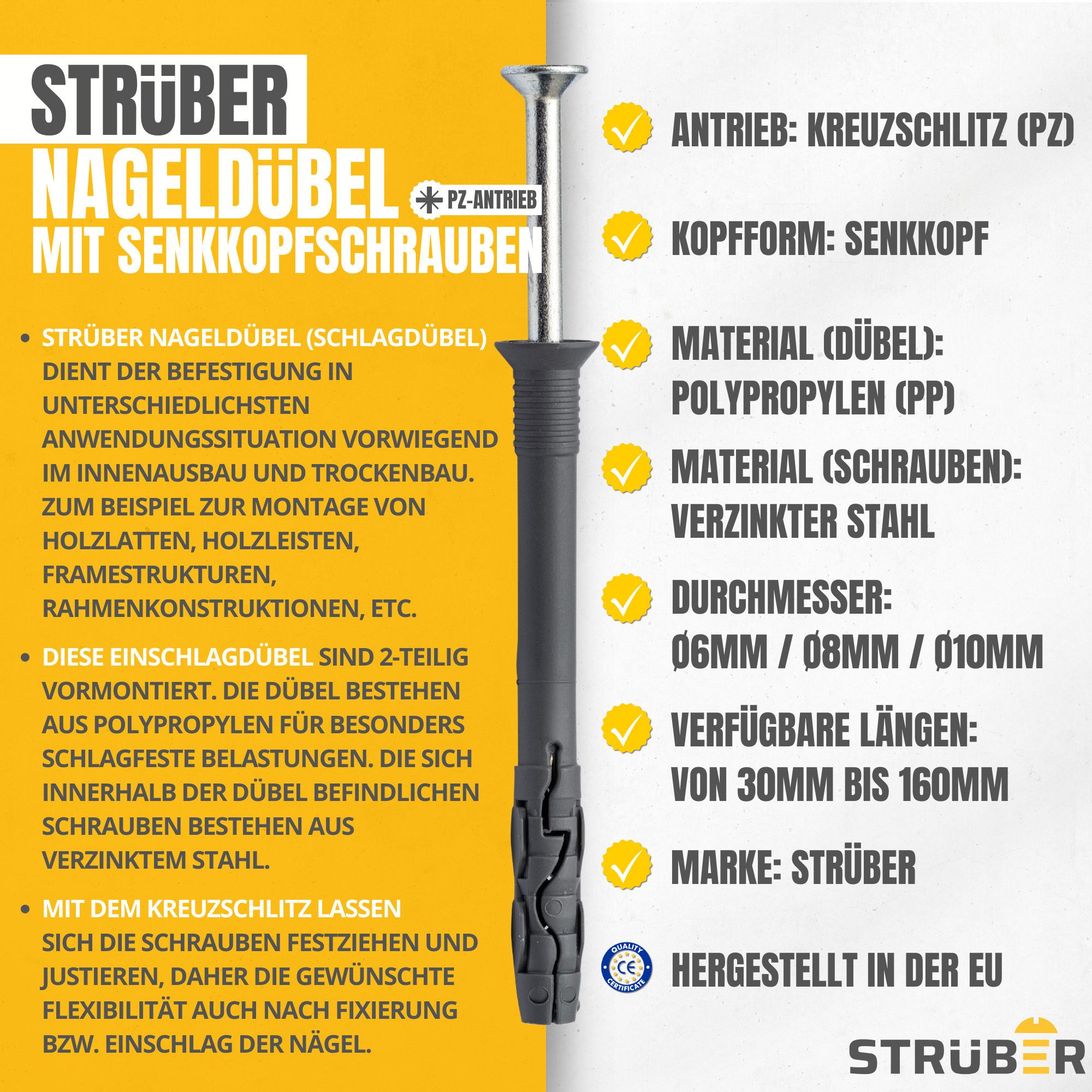 STRÜBER Nageldübel Nageldübel Schnellmontage Schlagdübel Einschlagdübel Senkkopf Dübel, Schnellmontage Nageldübel Schlagdübel Rahmendübel Spreizdübel