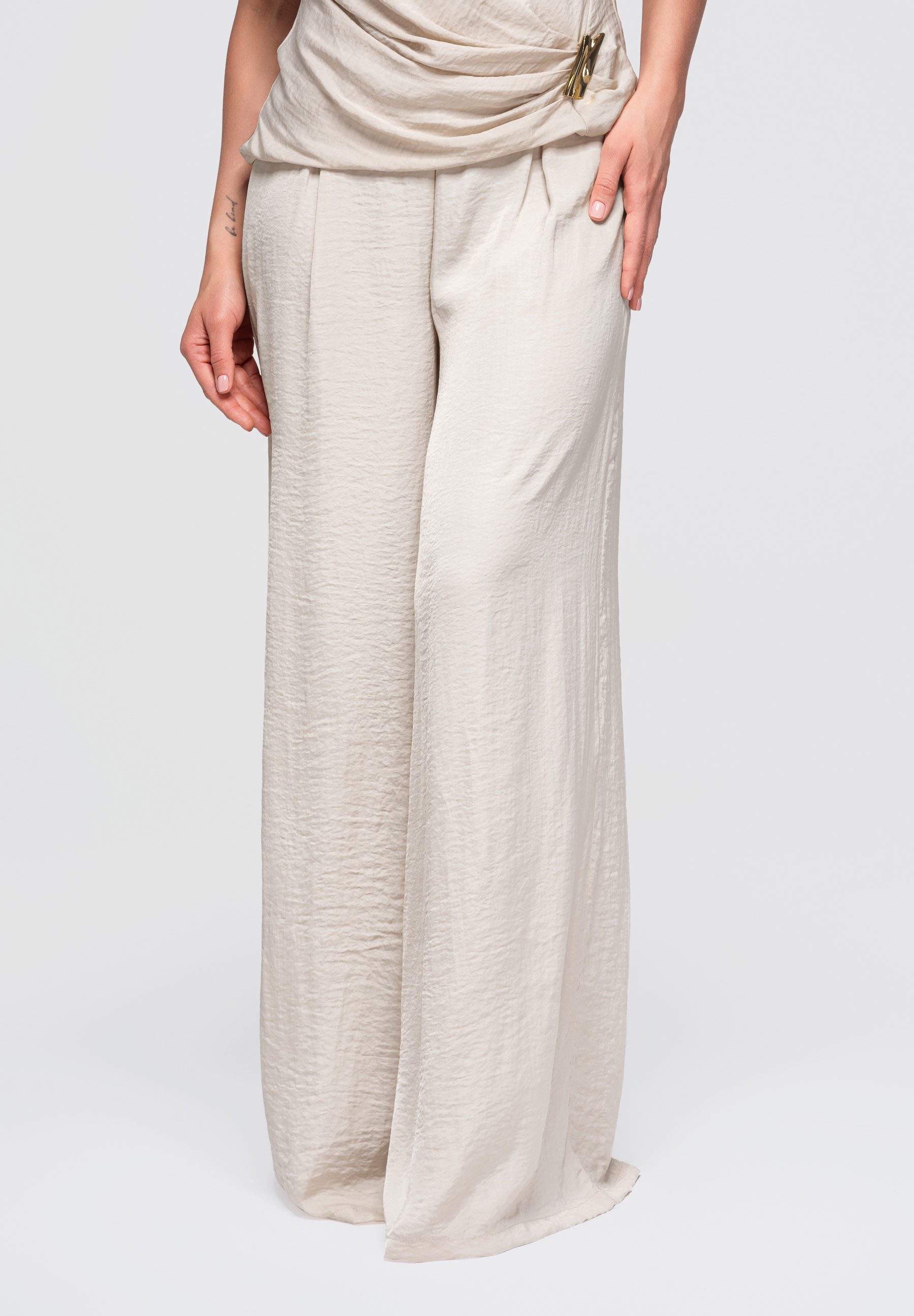 OMBRE Palazzohose Damen Palazzohose mit weitem Bein elegant Beige S (kein Set, 1-tlg)
