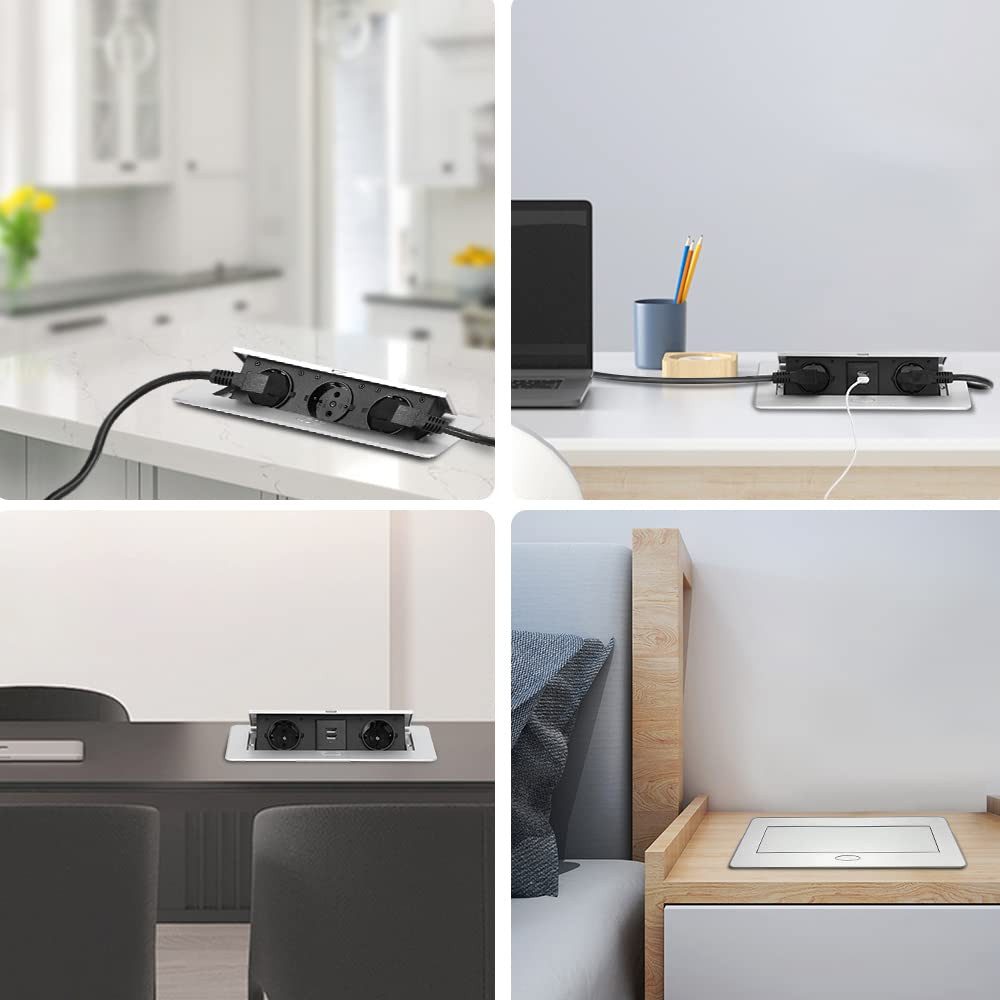 XERSEK Premium Mehrfachsteckdose Einbau Tischsteckdose Steckdosenleiste Einbau-Tischsteckdose 2-fach (USB-Anschlüsse, Netzteil, 2 Fach + 2 USB, Versenkbare Unterbausteckdose Ecksteckdose Bodensteckdose (inkl. Netzteil, Kabellänge 1.8 m), 750℃ Schwer Entflammbar, aus Alu, 230V, Schwarz, für Büros Boden Küche, Kabellänge 1.8 m)