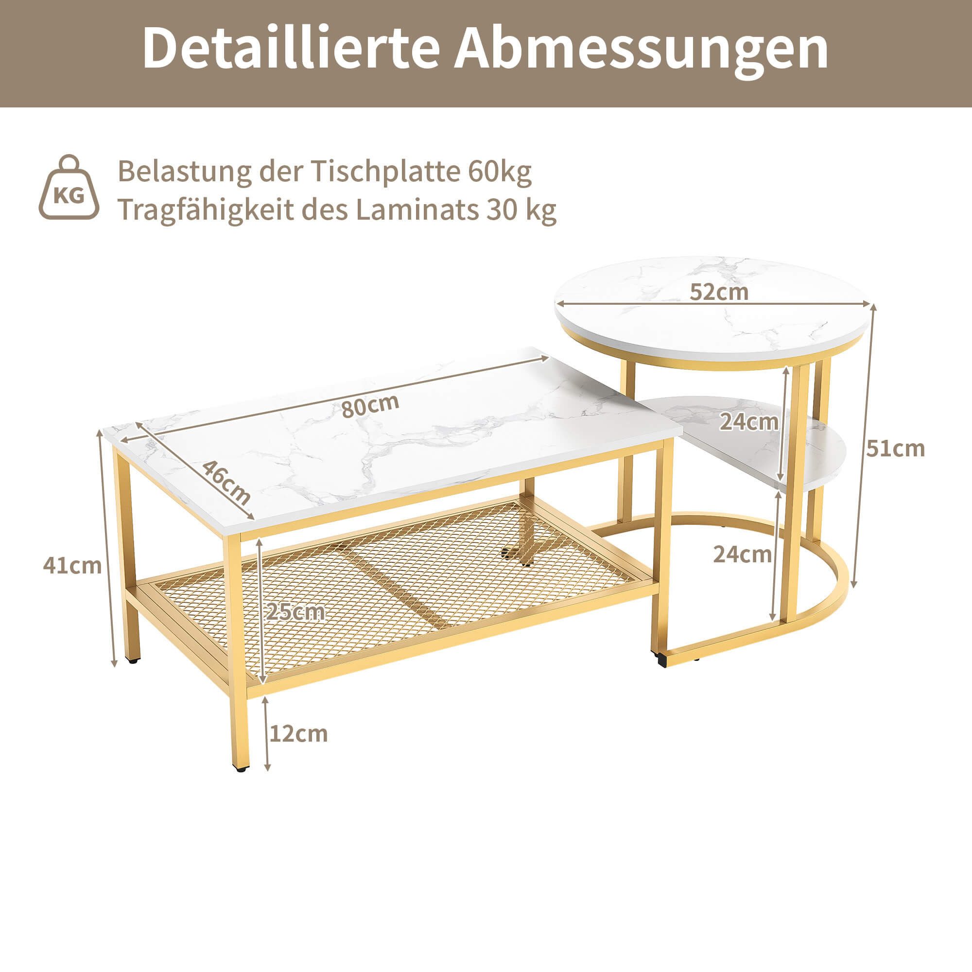 Furnishings Home Couchtisch 2er-Set Runde + Rechteck Beistelltische aus Holz & Metall (2-St., 2-St, 80x46x41 cm + 52x51 cm), Moderne Kaffeetische für Wohnzimmer – Bild 2 von 5