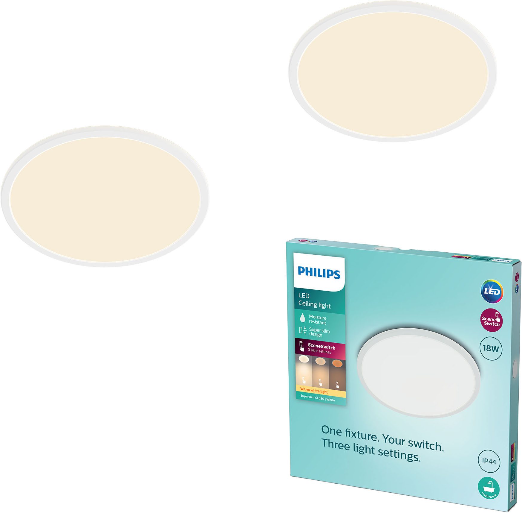 Philips LED Deckenleuchte Multipack 2x Superslim 3-in-1 CL550 15W IP44 1300lm 2700K, weiß, Dimmfunktion, Memoryfunktion, dimmbar über Fernbedienung, mehrere Helligkeitsstufen, LED wechselbar, Warmweiß, SceneSwitch