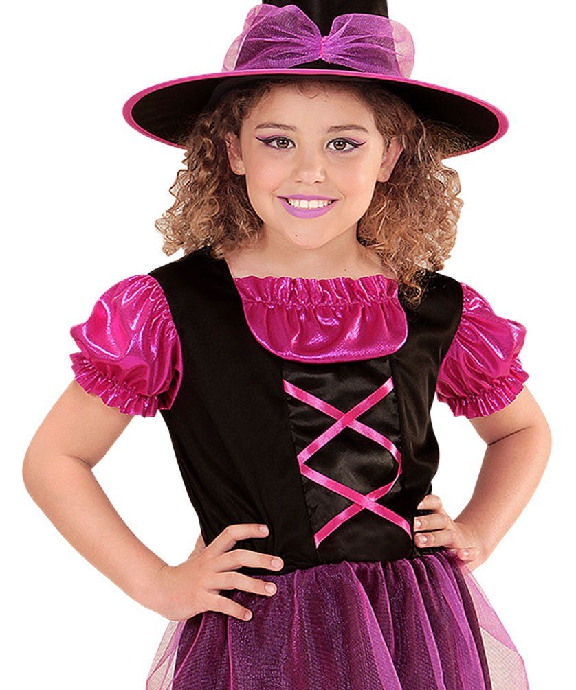 Karneval-Klamotten Hexen-Kostüm Mädchen Hexekleid Kinder Kostüm Halloween, pink schwarzes Kostüm Halloweenkostüm mit Hexenhut Hexenbesen