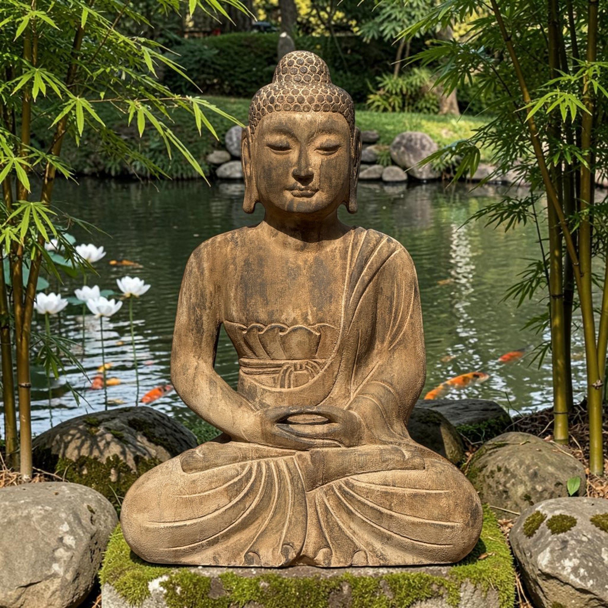 Asien LifeStyle Buddhafigur Garten Buddha Skulptur Naturstein meditierend 60cm frostsicher