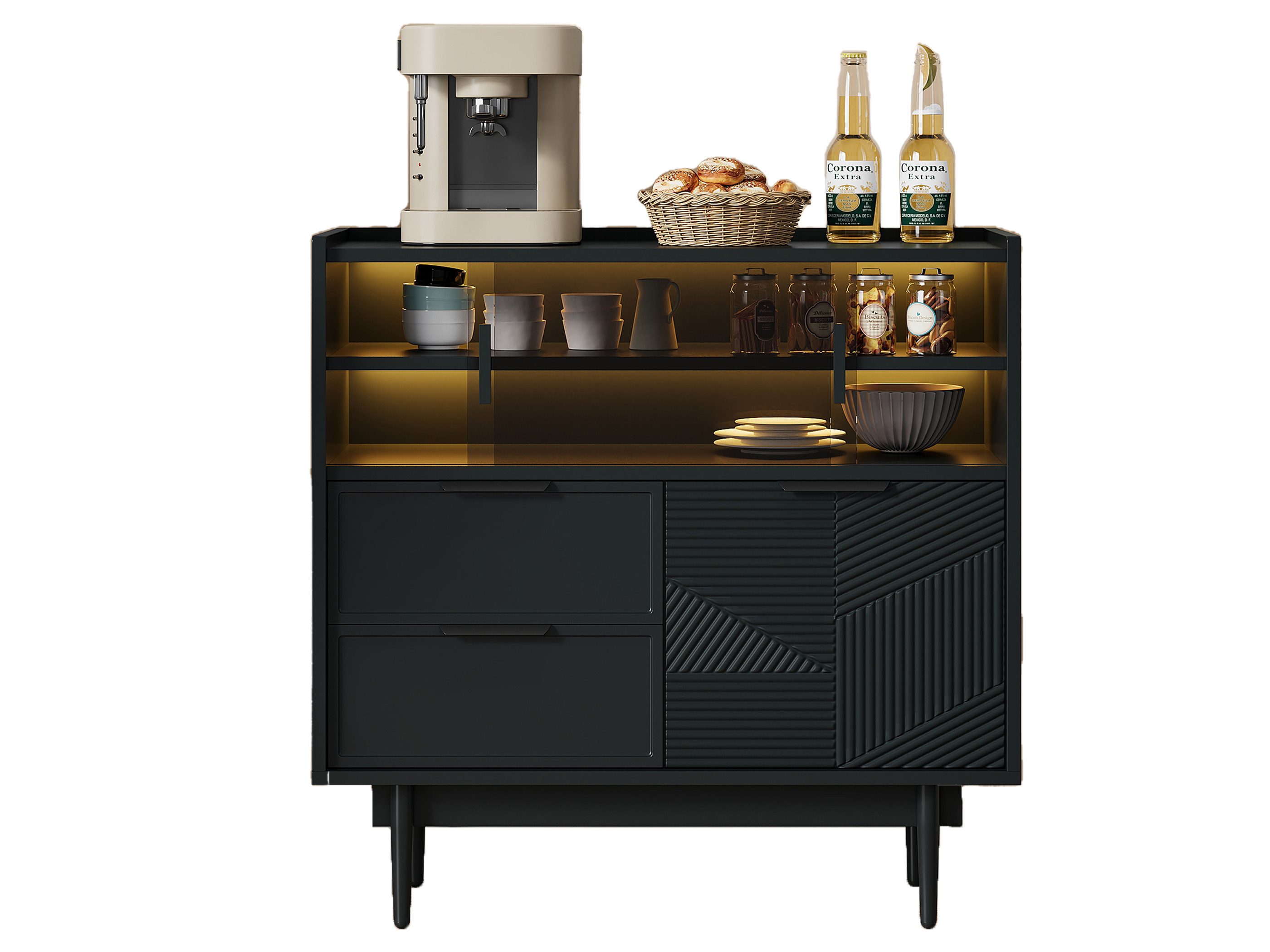 SeedWave Buffet mit LED Küchenschrank Anrichte mit 2 Glas-Schiebetüren, Breite 80cm 2 Schubfach, 1 geschlossenes Fach, Anti-Kipp Funktion