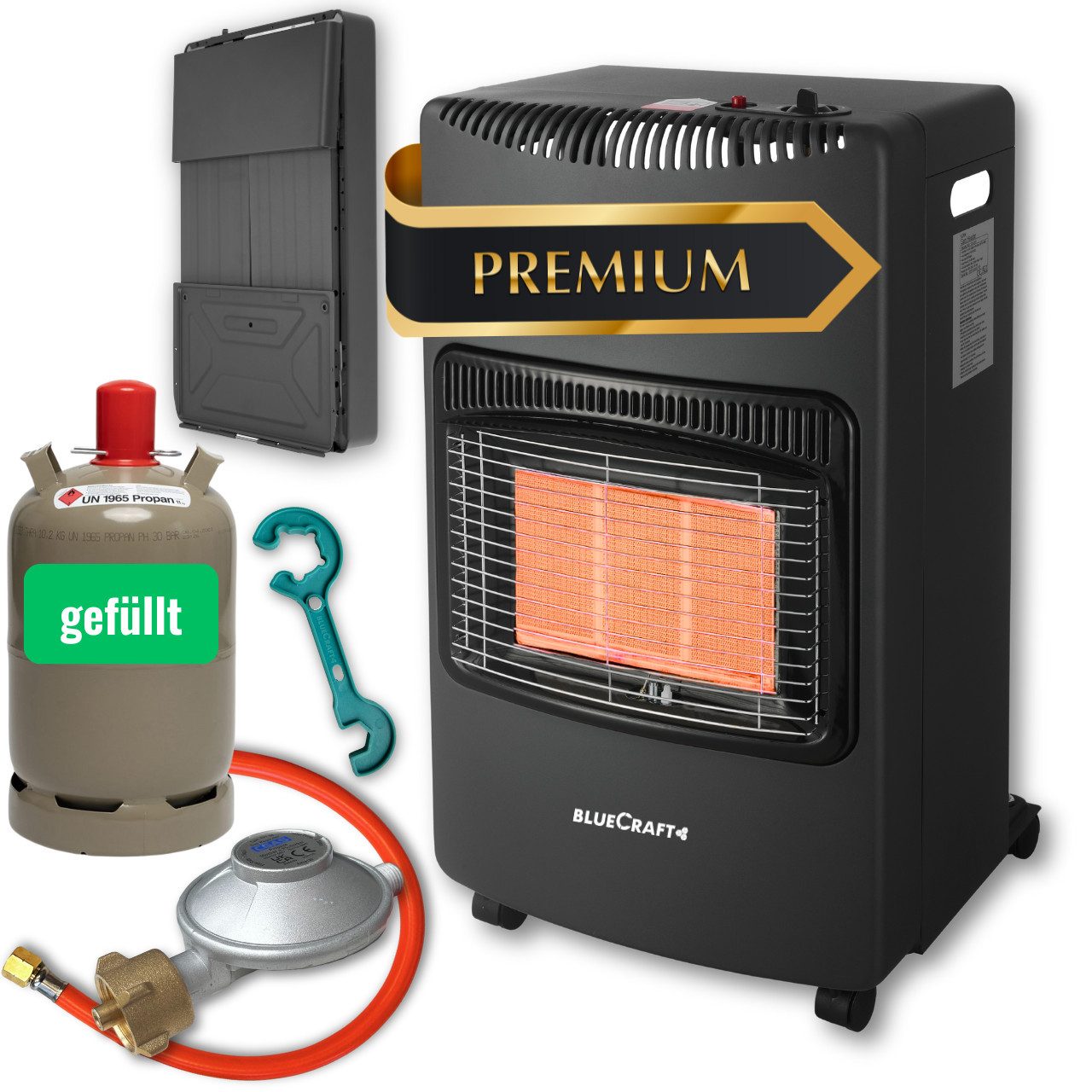 BlueCraft Heizstrahler PREMIUM Gasheizung Gasofen 4200 W Campingheizung Gas-Heizstrahler, 4200 W, 3-Stufen-Regulierung, Kompakt, Mobil, Mit Gasdruckregler + Schlauch