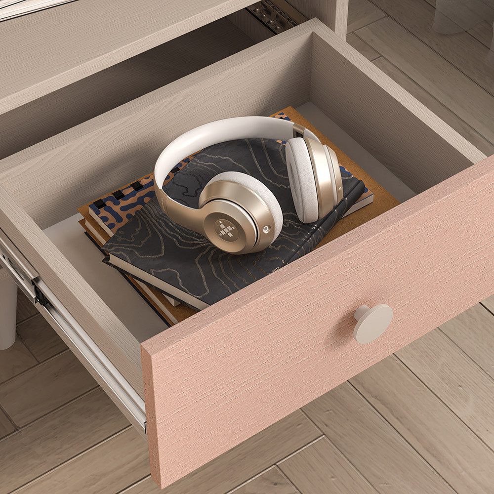 Lomadox Nachtschrank MODICA-131 in sandbeige mit rosa, Schublade, offen, fühlbare Struktur
