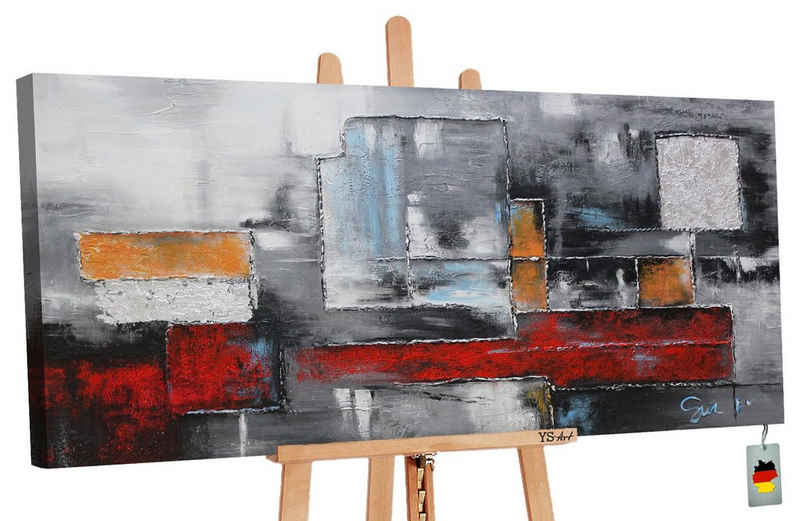 YS-Art Gemälde »Abstraktion«, Abstraktes Leinwand Bild Handgemalt Quadrat Rechteck Rot Orange
