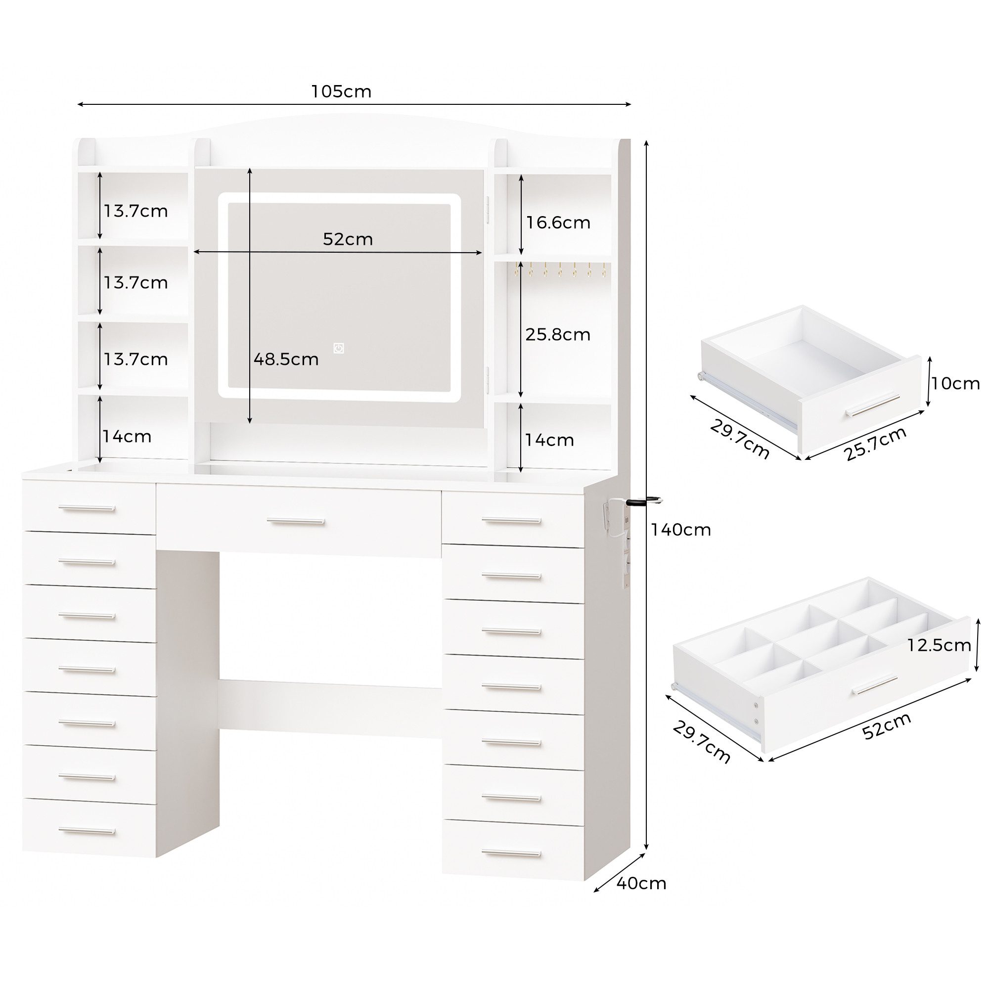 BEWISHOME Schminktisch mit beleuchtung, Steckdose und USB-Anschluss, schminktisch weiß, LED-Spiegel-Schminktisch mit Steckdosen & USB – praktisch & stilvoll