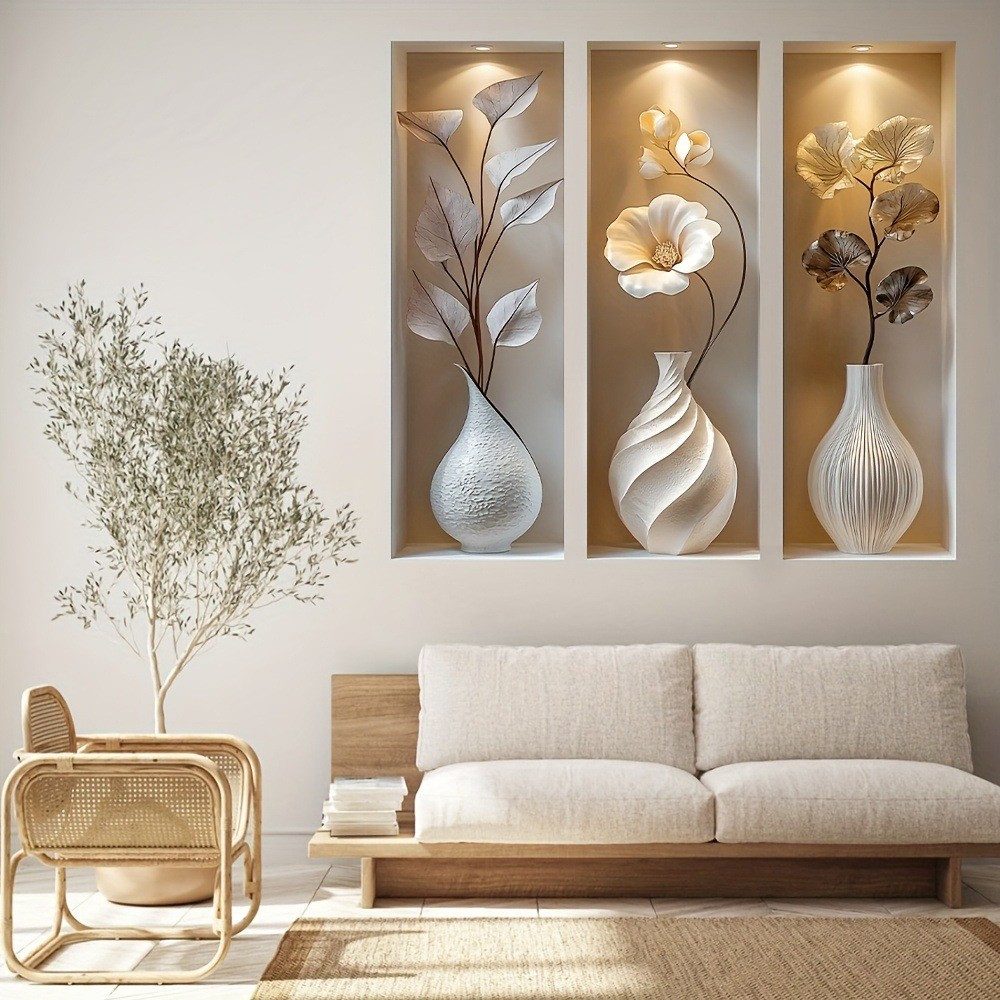 MOPUEA Wandsticker Wandtattoo Wandaufkleber 3 Stück mit Vasen- und Blumenmotiven (3D Wanddekoration moderne Vasenbilder wasserdichte Wandkunstaufkleber), für Wohnzimmer Schlafzimmer Badezimmer Küche Büro Dekor