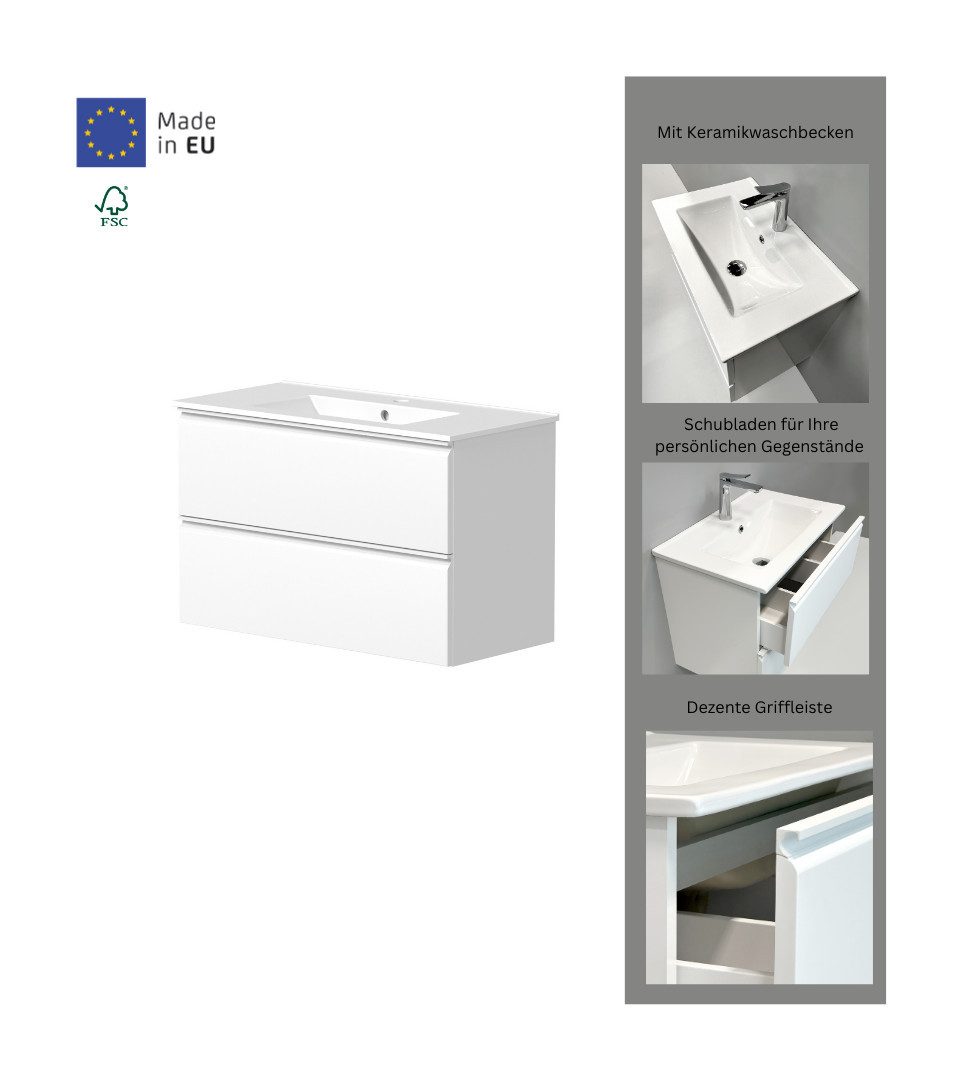 welltime Waschtisch Cosmos in verschiedenen Ausführungen inkl. Waschbecken, Badmöbel, Waschplatz mit 2 Schubladen, Soft-Close-Funktion, FSC®