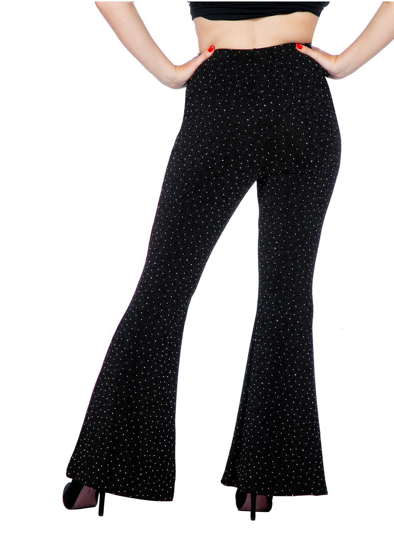 Metamorph Kostüm Disco Leggings für Damen schwarz, 70er Jahre Schlaghose mit Metallic-Schimmer