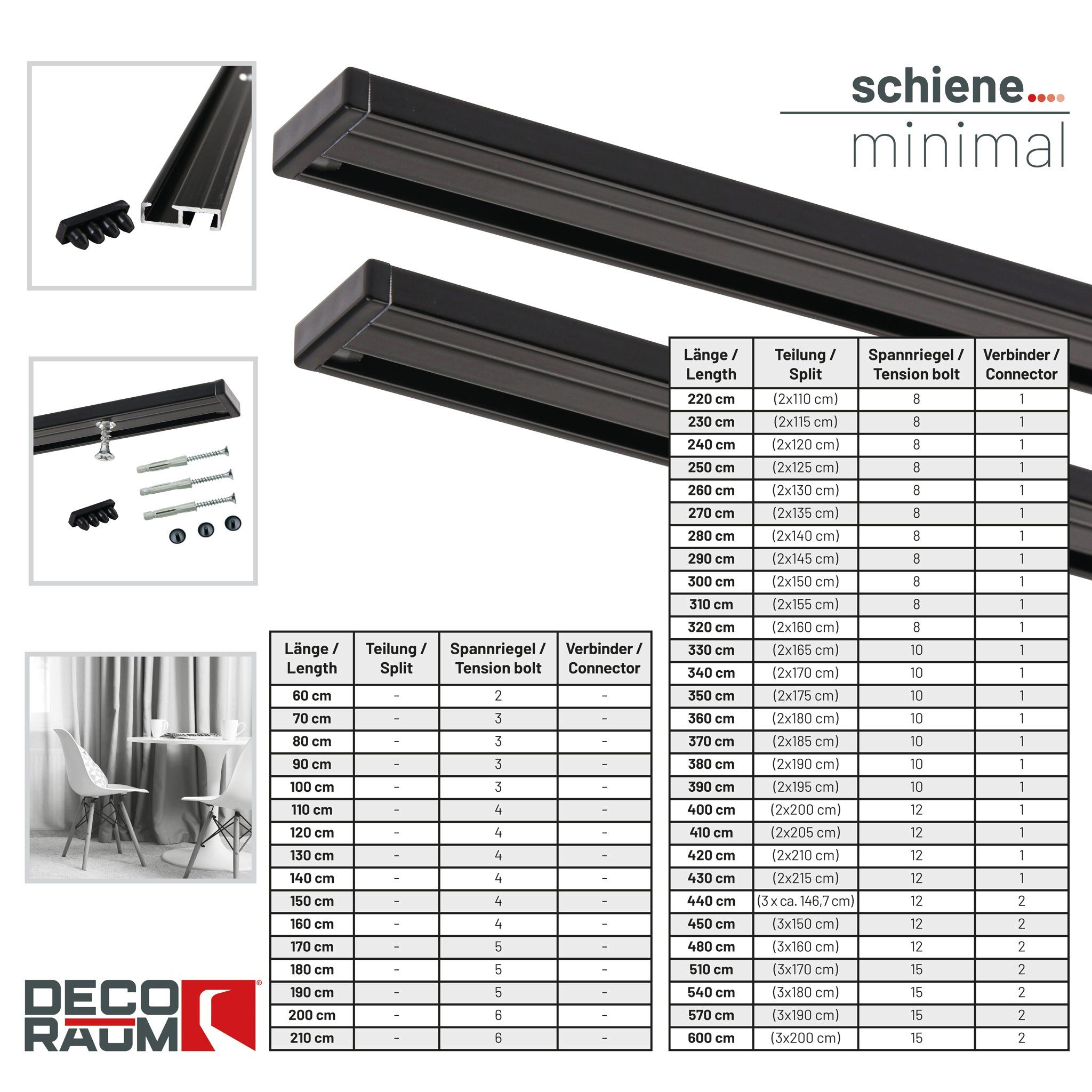 Deco-Raum Gardinenschiene Minimal, 1-läufig, kürzbar, Wunschmaßlänge, Deckenmontage, verschraubt, Aluminium, Komplett-Set vorgebohrt
