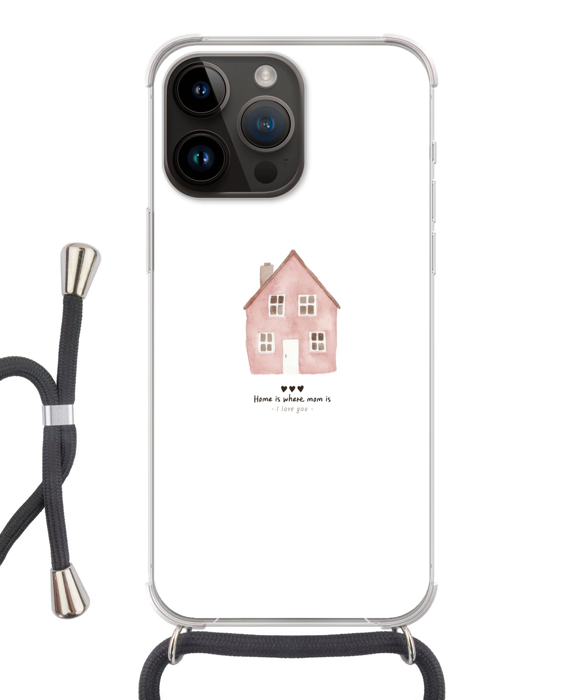 MuchoWow Handyhülle für Apple iPhone 14 Pro Landhaus - Rosa - Zitat - Mutter, Tragbare Handyhüllen mit Kette zum umhängen, Handykette Handyband