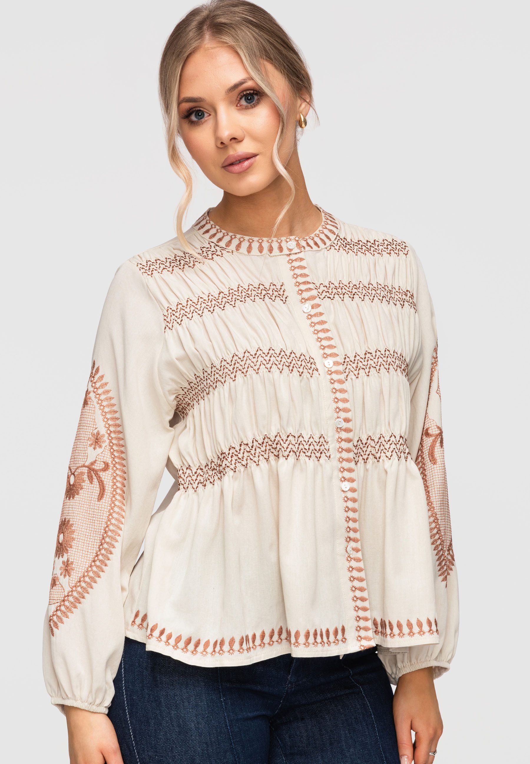 OMBRE Hemdbluse Damen Bluse mit Stickerei im Boho-Stil Beige L (kein Set, 1-tlg) Gehäkelte Details, Smock-Details
