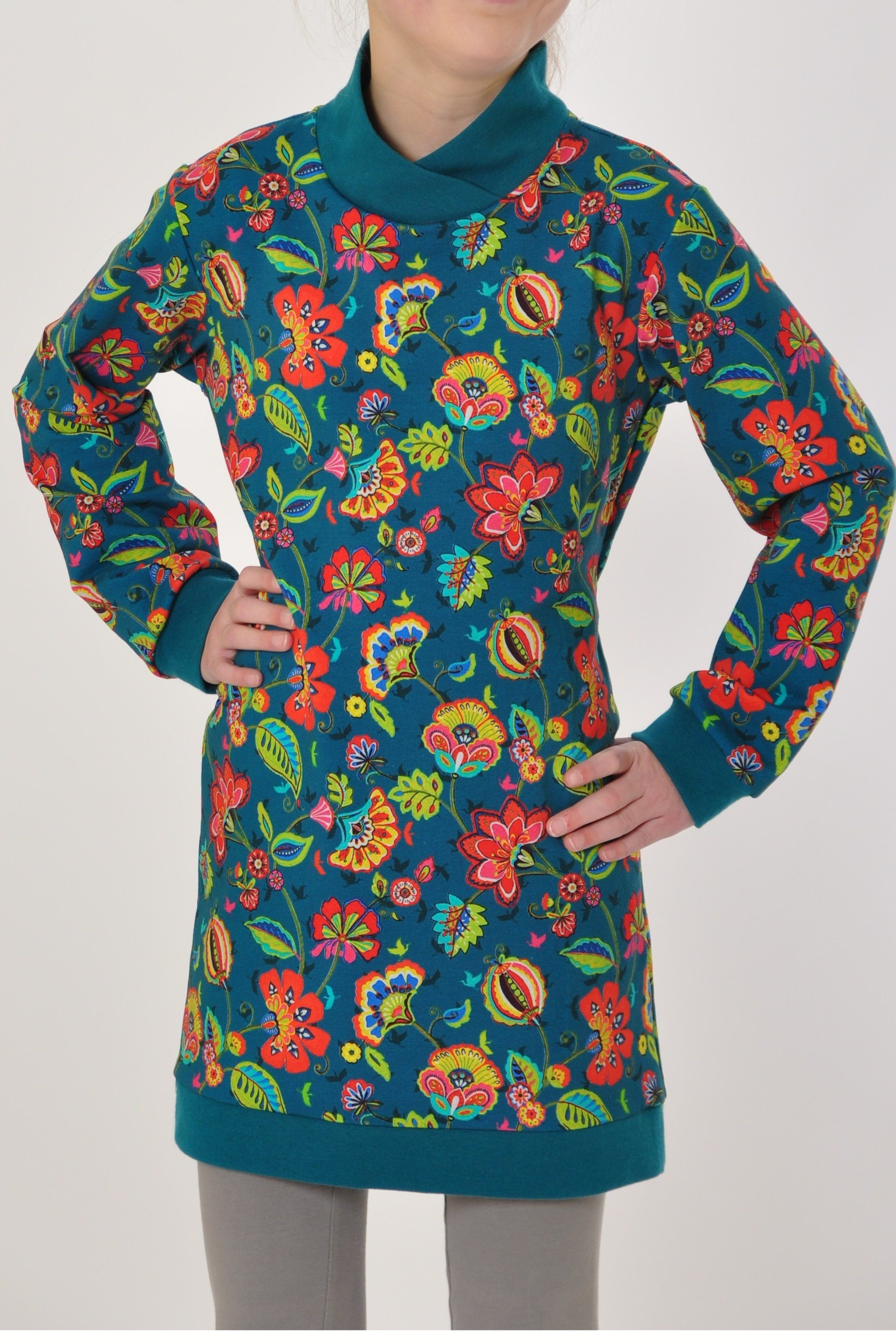 Sweatkleid Motivdruck coole Blumen Mädchen petrol mit Produktion Sweatshirt europäische coolismo Kleid für