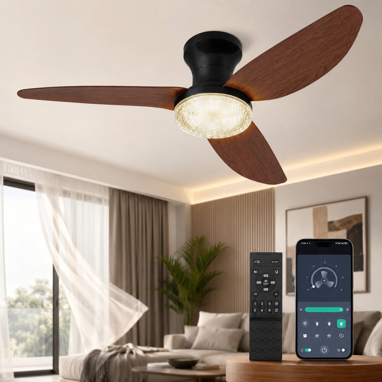 Jibenhome Deckenventilator mit Beleuchtung, Deckenleuchte mit ventilator 6 Stufen, Leiser, 100 CM, Dimmbar 3 Farbtemperatur, Timer, Deckenlampe Ventilator