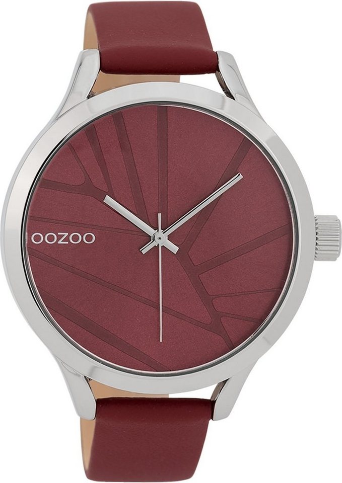 OOZOO Quarzuhr Oozoo Damen Armbanduhr Timepieces, Damenuhr rund, groß (ca.  43mm), Lederarmband rot, Fashion