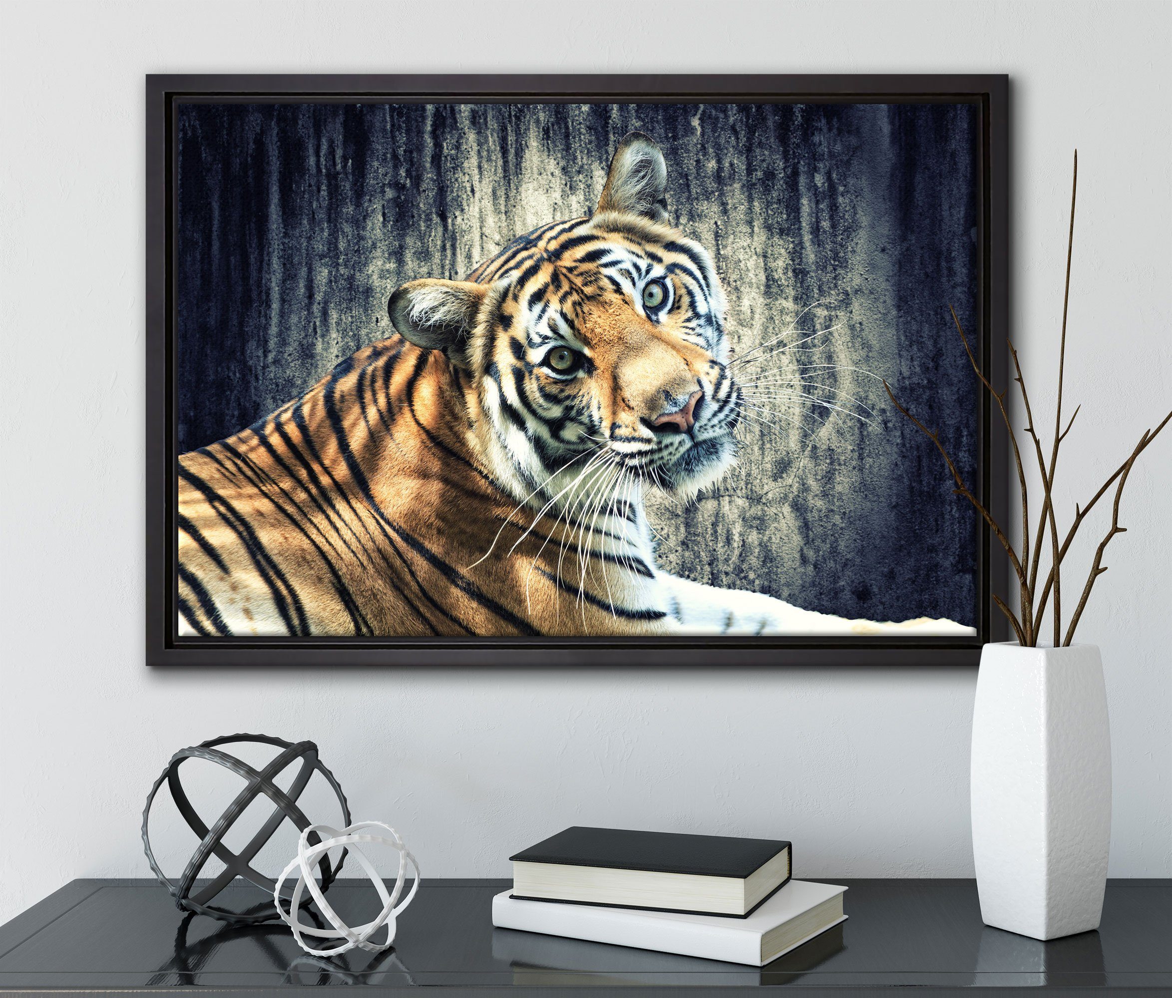 (1 bespannt, Leinwandbild Tiger, einem St), Neugieriger Pixxprint Zackenaufhänger Leinwandbild in fertig inkl. Wanddekoration Schattenfugen-Bilderrahmen gefasst,