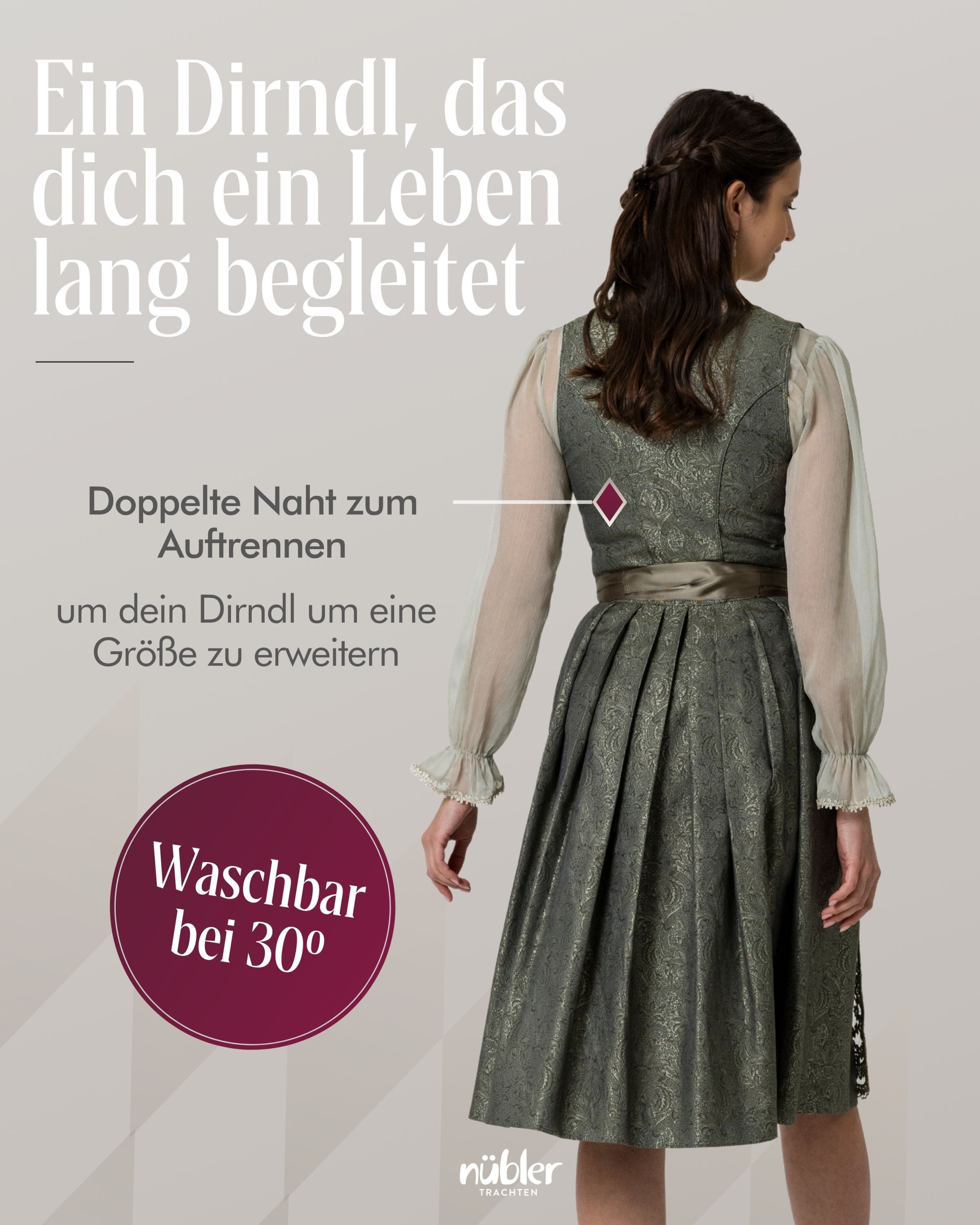 Nübler Trachtenkleid Midi Dirndl Fleurette in Olive - Rocklänge 60 cm
