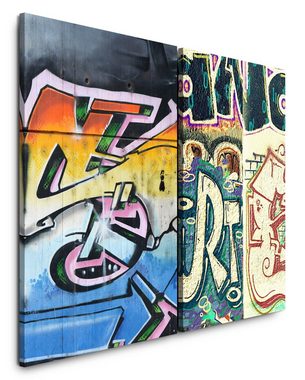 Sinus Art Leinwandbild 2 Bilder je 60x90cm Street Art Graffiti Tags Wand Hip Hop Jugendzimmer Bunt