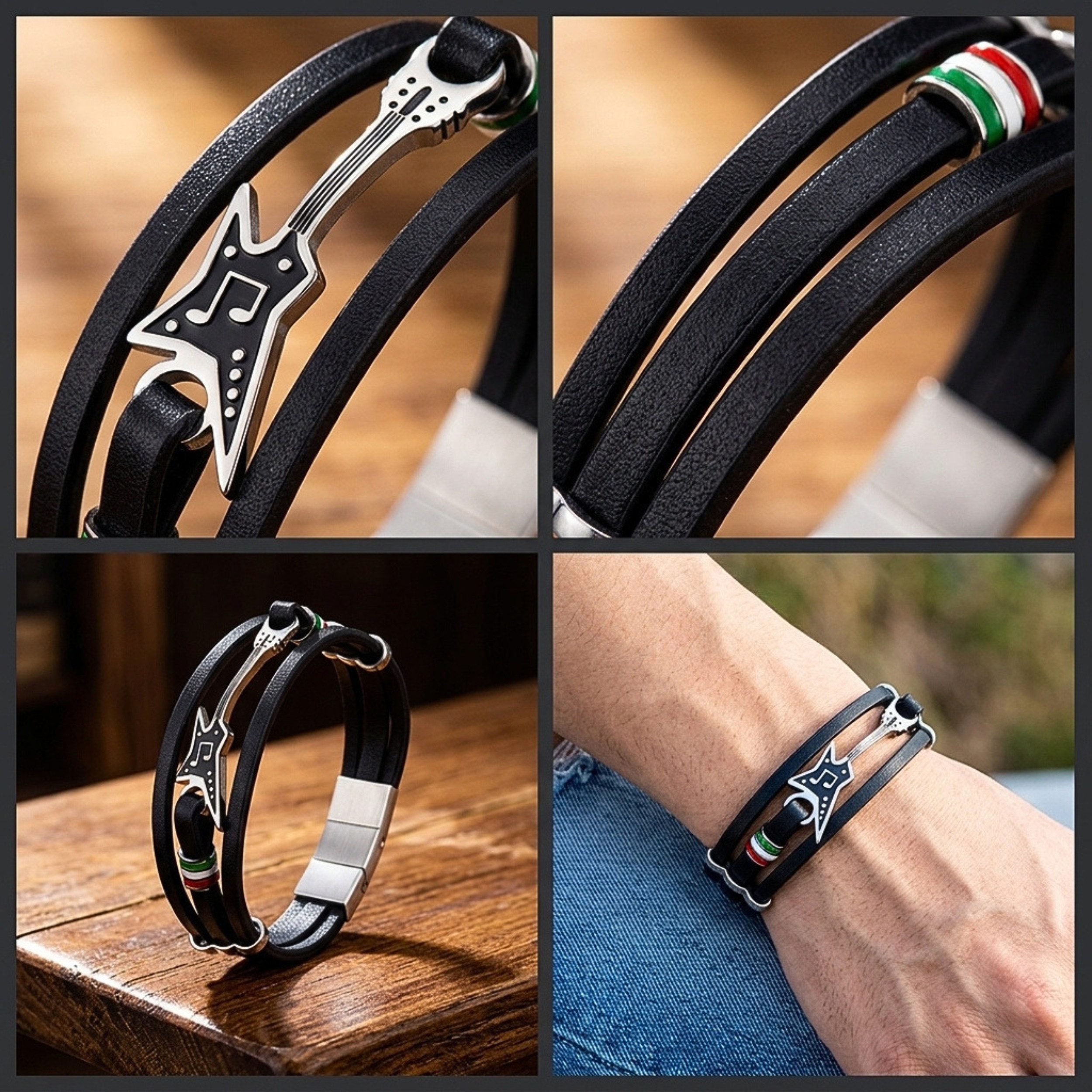 UNIQAL.de Armband Magnetverschluss – Stylische Armbänder mit Verlängerung (Echtes Leder & Edelstahl, – handgefertigt, minimalistisch, Rock Gitarre & Infinity Design), – Unisex Armband als Geschenkidee für Damen & Herren
