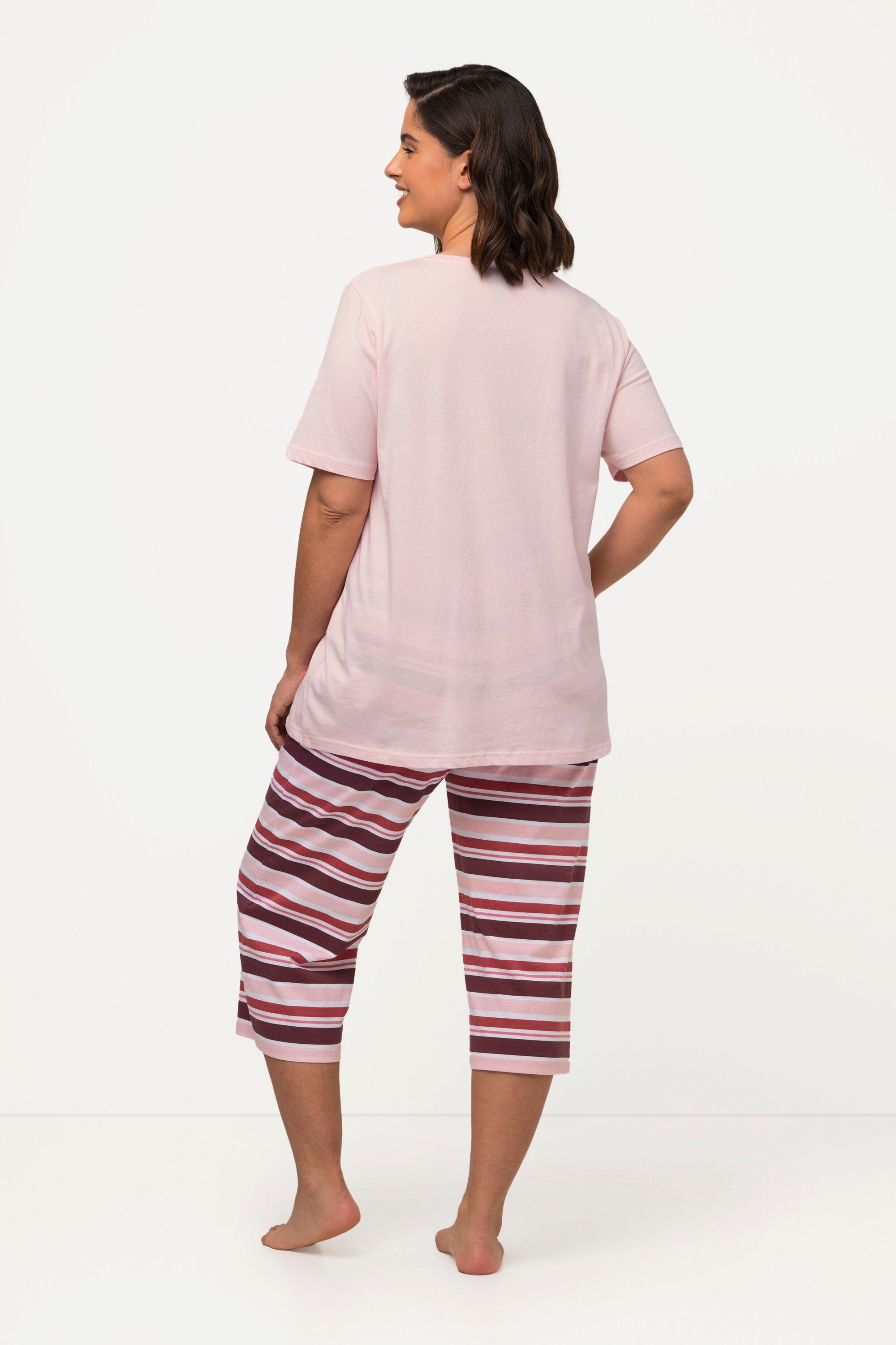 Ringel rosa Rundhals 3/4-Hose Ulla Halbarm blasses Pyjama Popken Pyjama