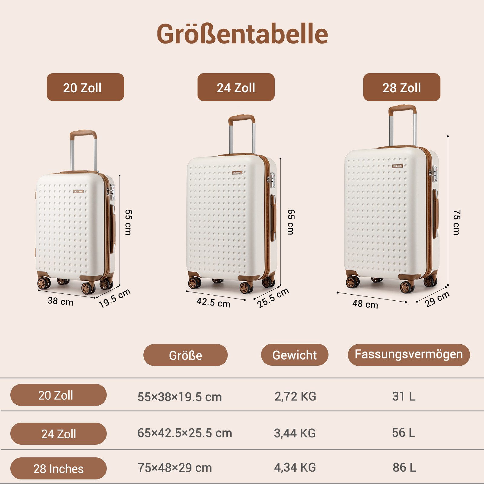 KONO Koffer Hartschalenkoffer Reisekoffer Trolleys 100% ABS Handgepäck Koffer