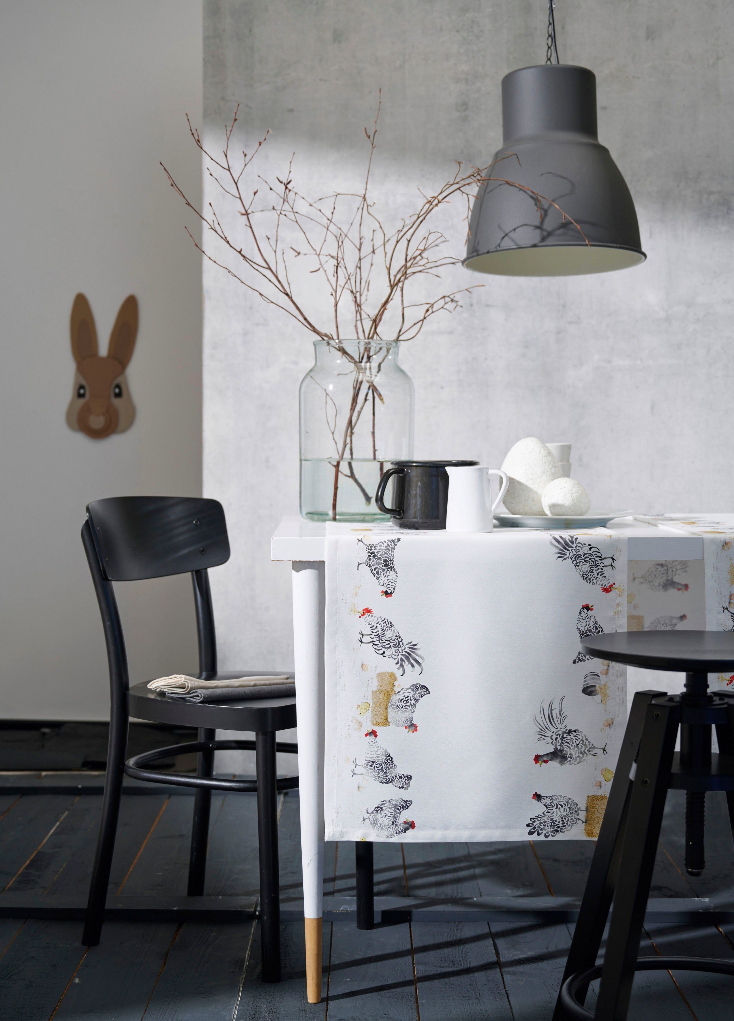 APELT Tischläufer 6811 schwarz-weißen EASTER, Digitaldruck, Hühnern Design HAPPY Ostern mit (1-tlg), Osterdeko, modisches