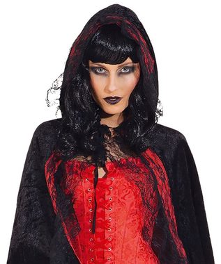 Karneval-Klamotten Vampir-Kostüm Damen Vampir Umhang mit Kapuze schwarz rot Spitze, Vampirin Dracula Kleid Frauenkostüm Halloween Karneval