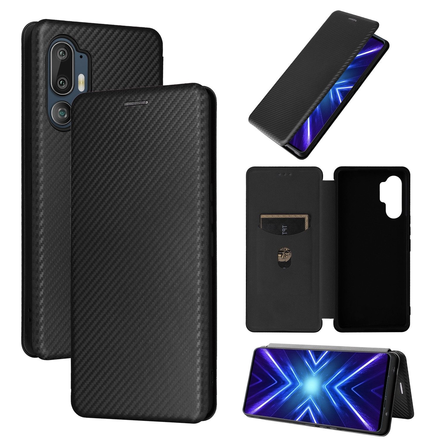 Wigento Smartphone-Hülle Für HTC U24 Pro Kunstleder Book Wallet Schutz Tasche Carbon Textur