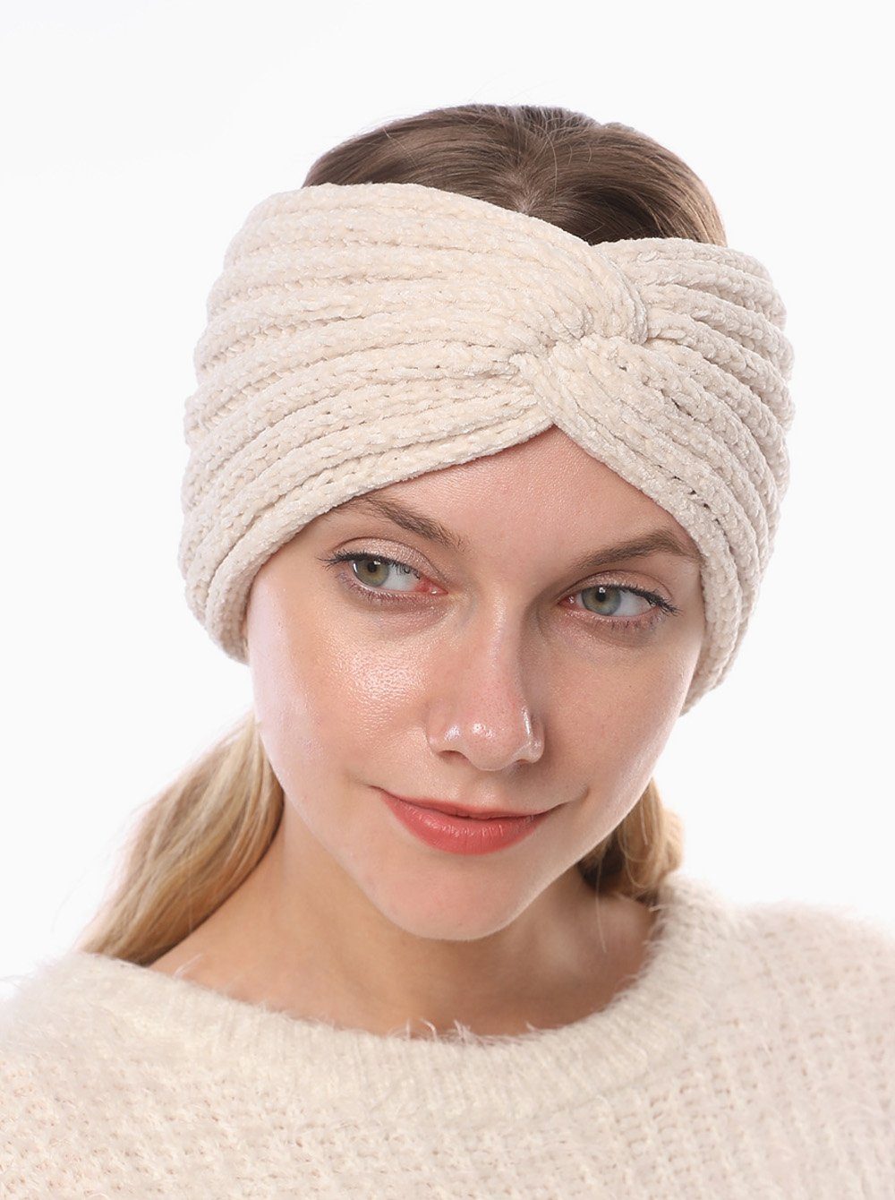 axy Haarband Damen Strick Stirnband mit Twist Knoten HBW3, Strick Winter Stirnband Hairband Weiss