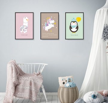 Himmelzucker Poster DIN A4 Wandbilder für Kinderzimmer Babyzimmer Penguin Einhorn Lama, Set-A (3-teiliges Poster-Set, 3 St), Bilder Kinderposter für Mädchen (DIN A4 ohne Rahmen)