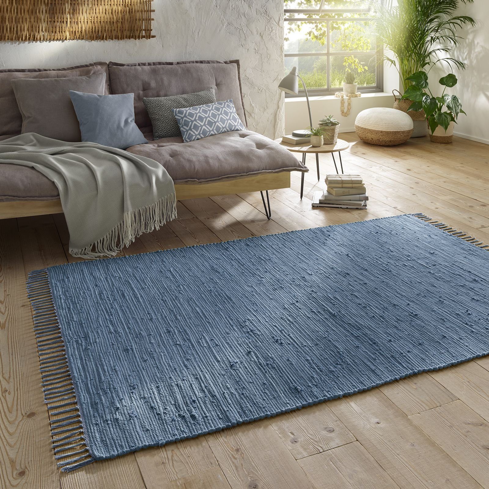 Teppich Flickenteppich TaraCarpet Sylt mit Fransen, TaraCarpet, rechteckig, Höhe: 5 mm, Wohnzimmer Schlafzimmer Küchenteppich nachhaltig blau 060x120 | Kurzflor-Teppiche
