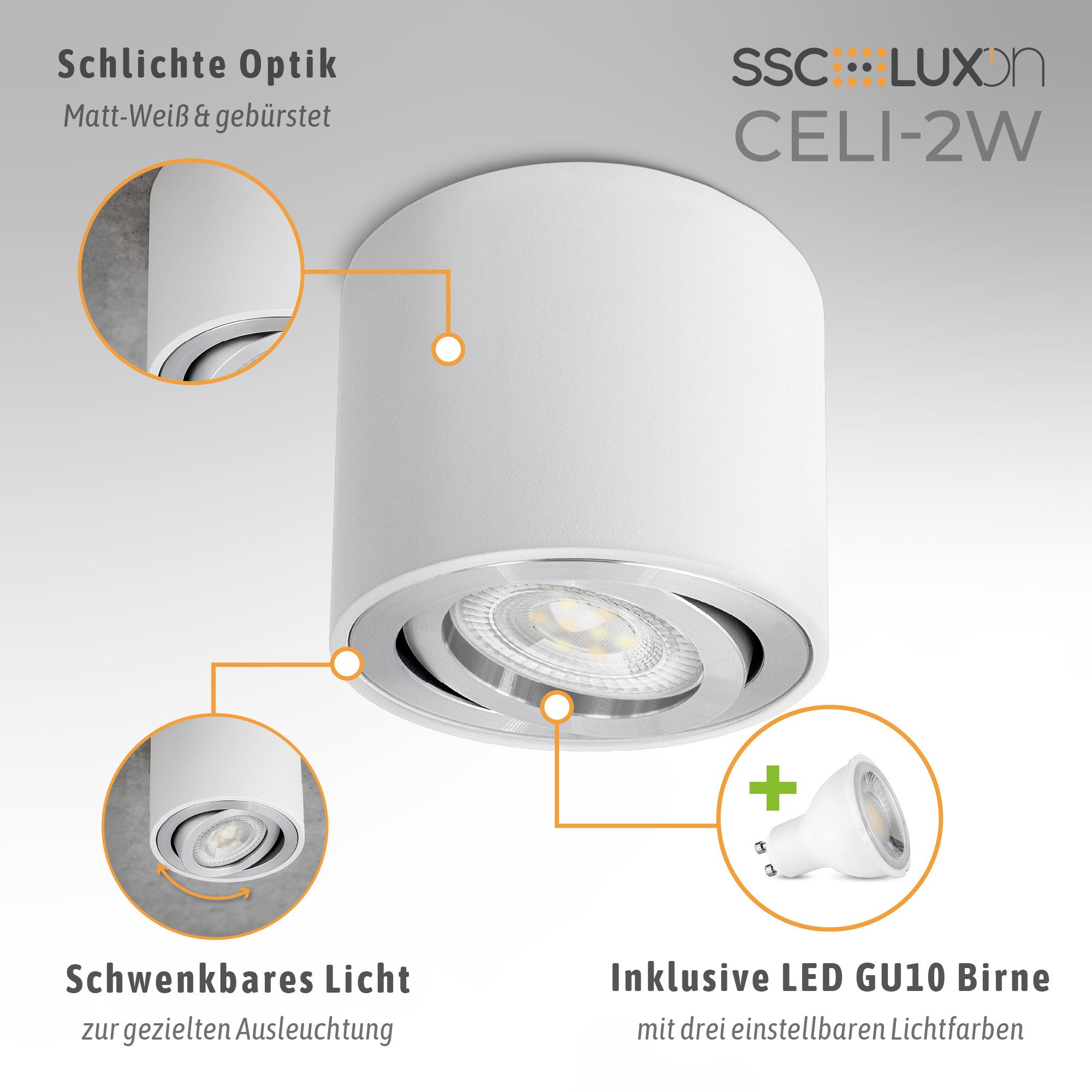 SSC-LUXon LED Aufbaustrahler CELI-2W Aufbaustrahler schwenkbar rund weiß Spot LED GU10 LumiFLEX, Neutralweiß, Warmweiß, Tageslichtweiß