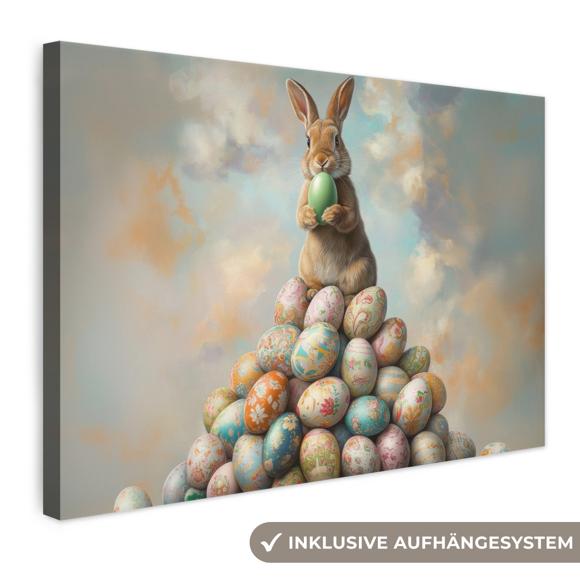 OneMillionCanvasses® Leinwandbild Kaninchen - Eier - Farbenfroh - Ostern Deko, Fotodruck (1 St), Leinwand Bilder Klein, Wand Dekoration Aesthetic 30x20 cm