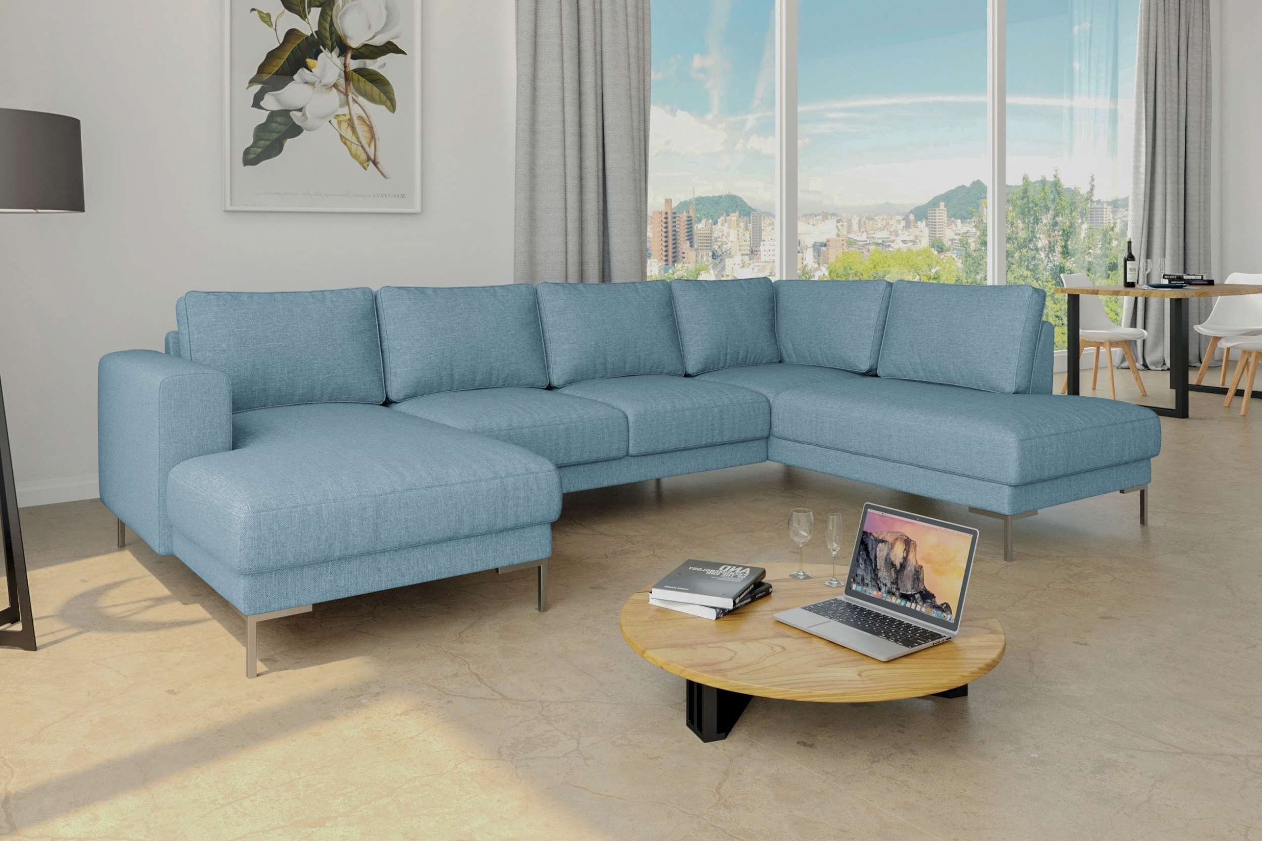 Stylefy Wohnlandschaft Santini, Sofa, links U-Form, Metall oder Wellenfederung, mit Hellblau Design, Raum rechts bestellbar, im mane frei stellbar, Modern