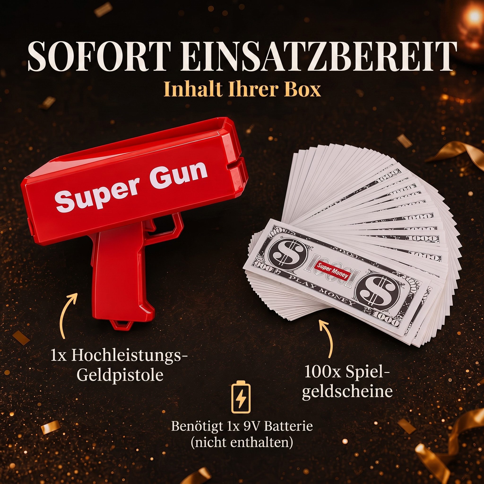 Goods+Gadgets Spielgeld GOODS+GADGETS Super Money Gun–Spielgeld Waffe & Cash-Shooter für Spaß, Spielzeug Geld Pistole Party Revolver