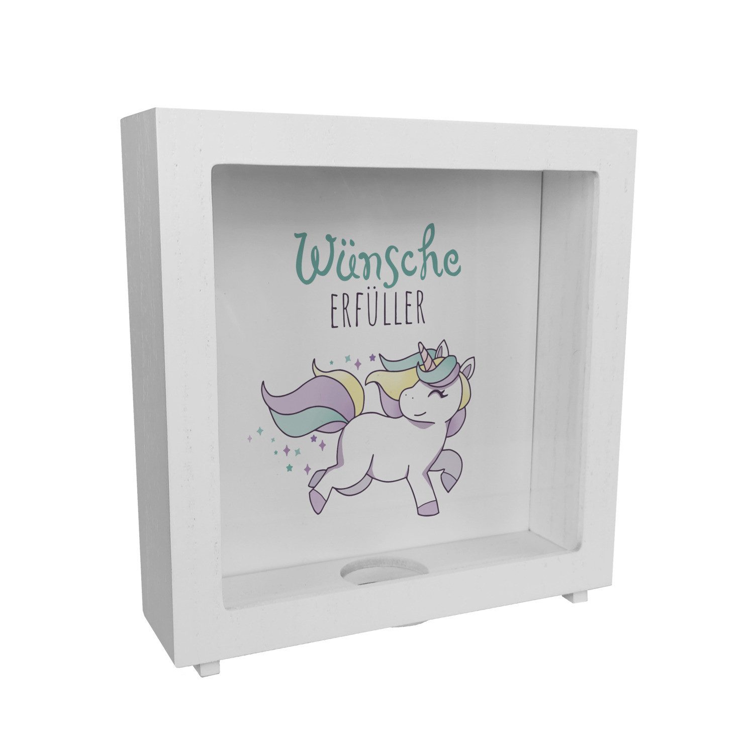 Spardose Einhorn Rahmen Spardose aus Holz mit Spruch Wünscheerfüller