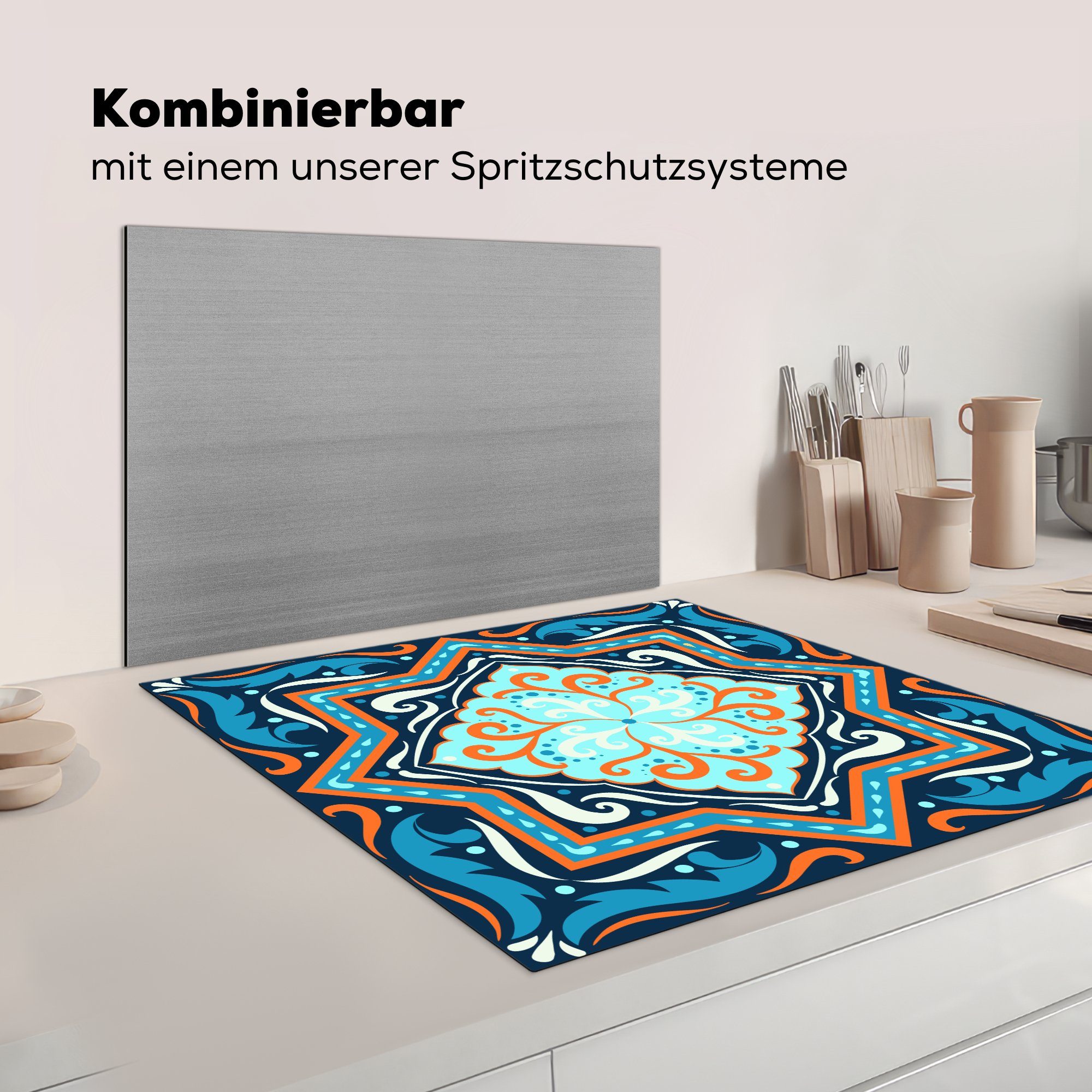 Herdblende-/Abdeckplatte MuchoWow (1 küche für Arbeitsplatte Vinyl, cm, 78x78 Formen Blau Muster, tlg), - Ceranfeldabdeckung, -