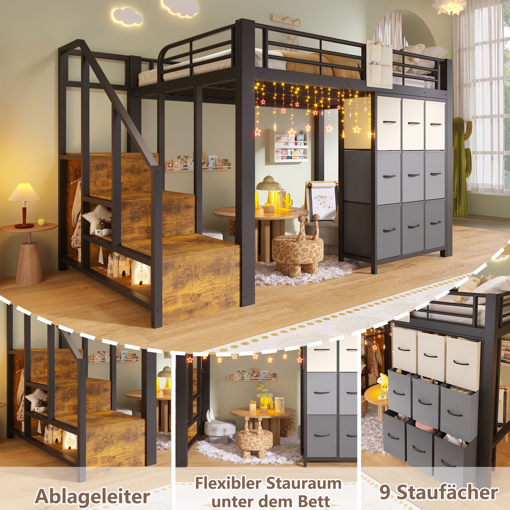Flieks Hochbett Metallbett Kinderbett 140×200cm mit Kommode und Stauraumtreppe – Bild 4 von 5